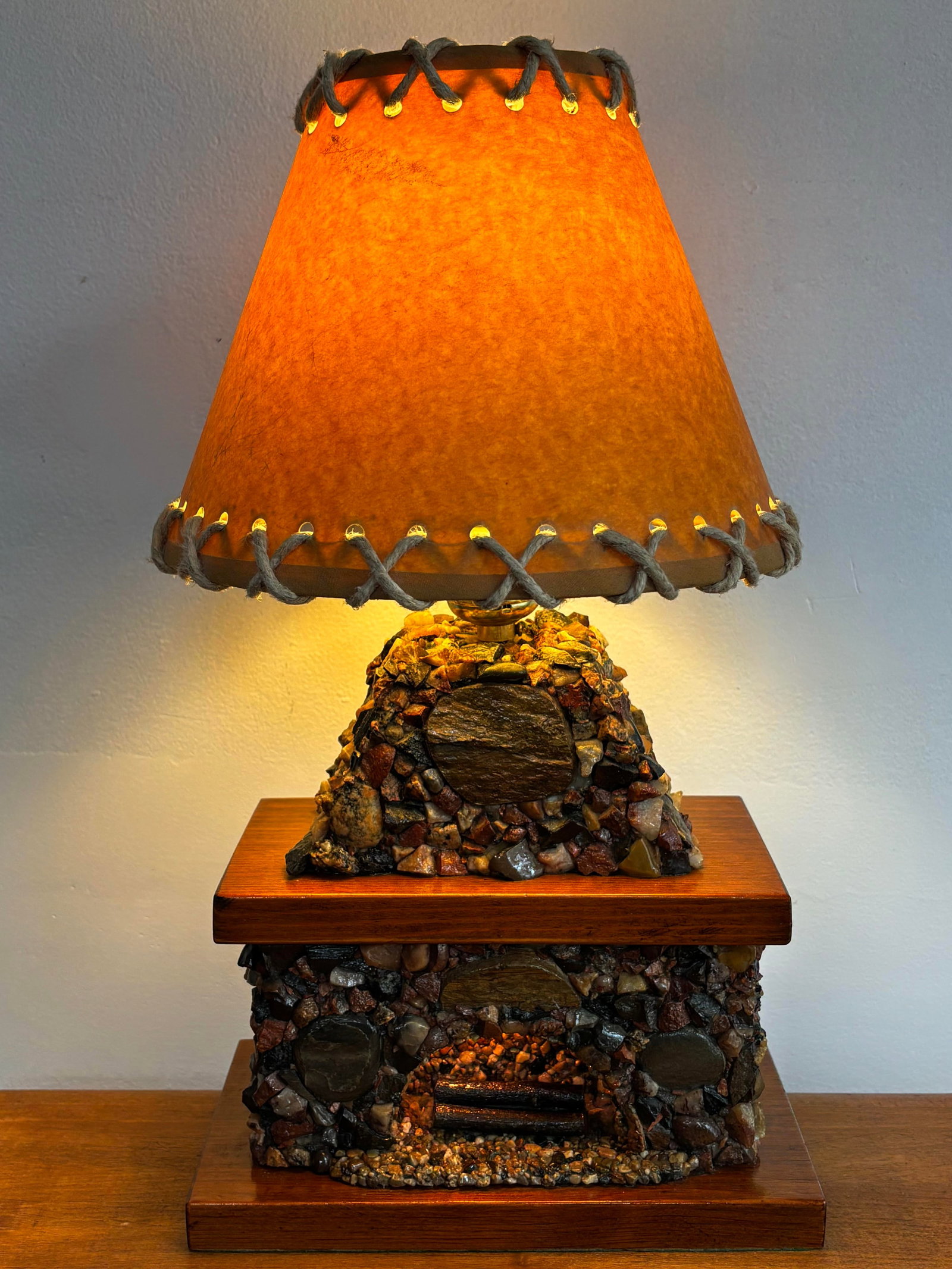 1940s Rustic Stone Fireplace Lamp Plus Night Light With Shade - 2