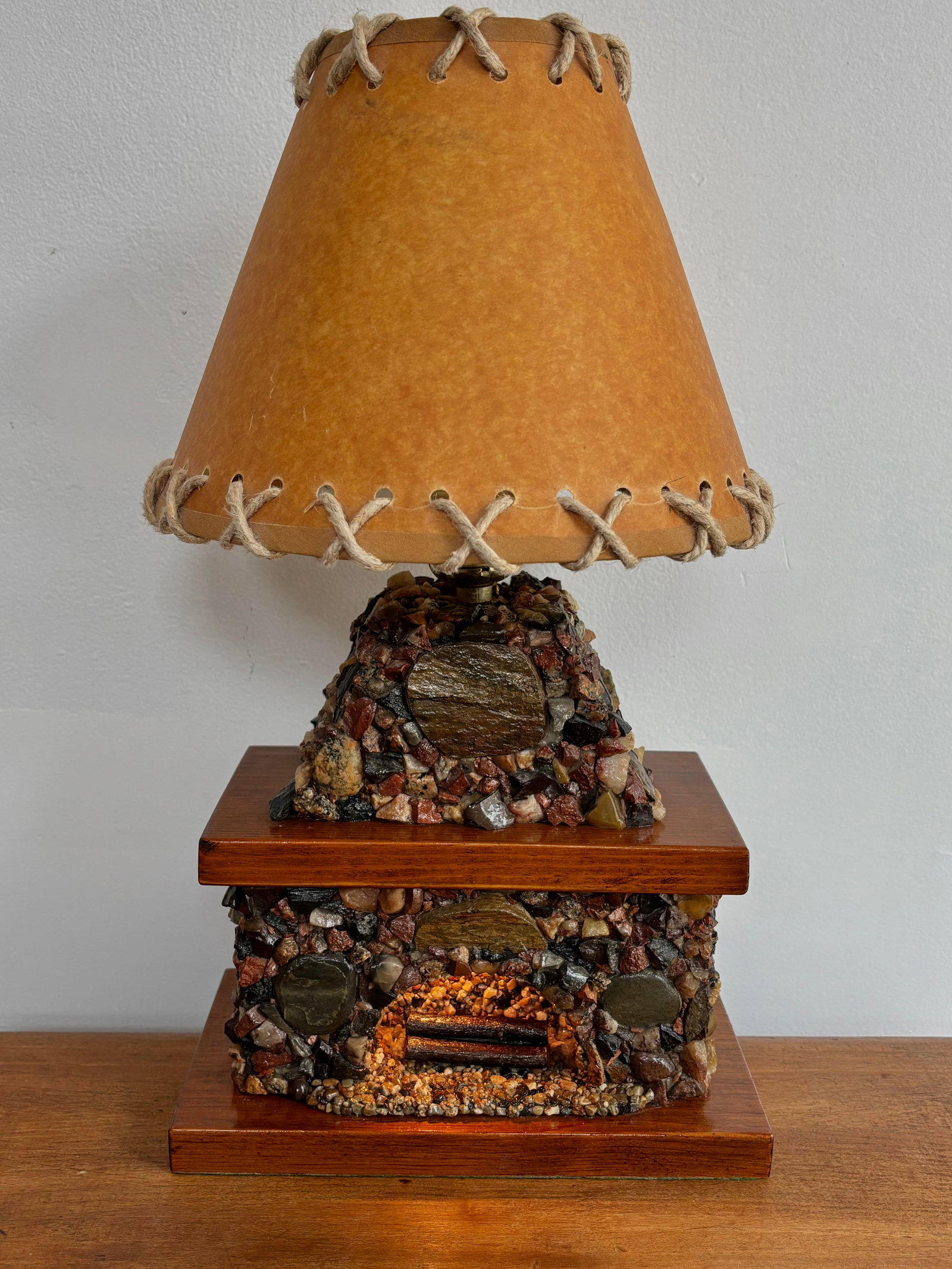 1940s Rustic Stone Fireplace Lamp Plus Night Light With Shade - 3