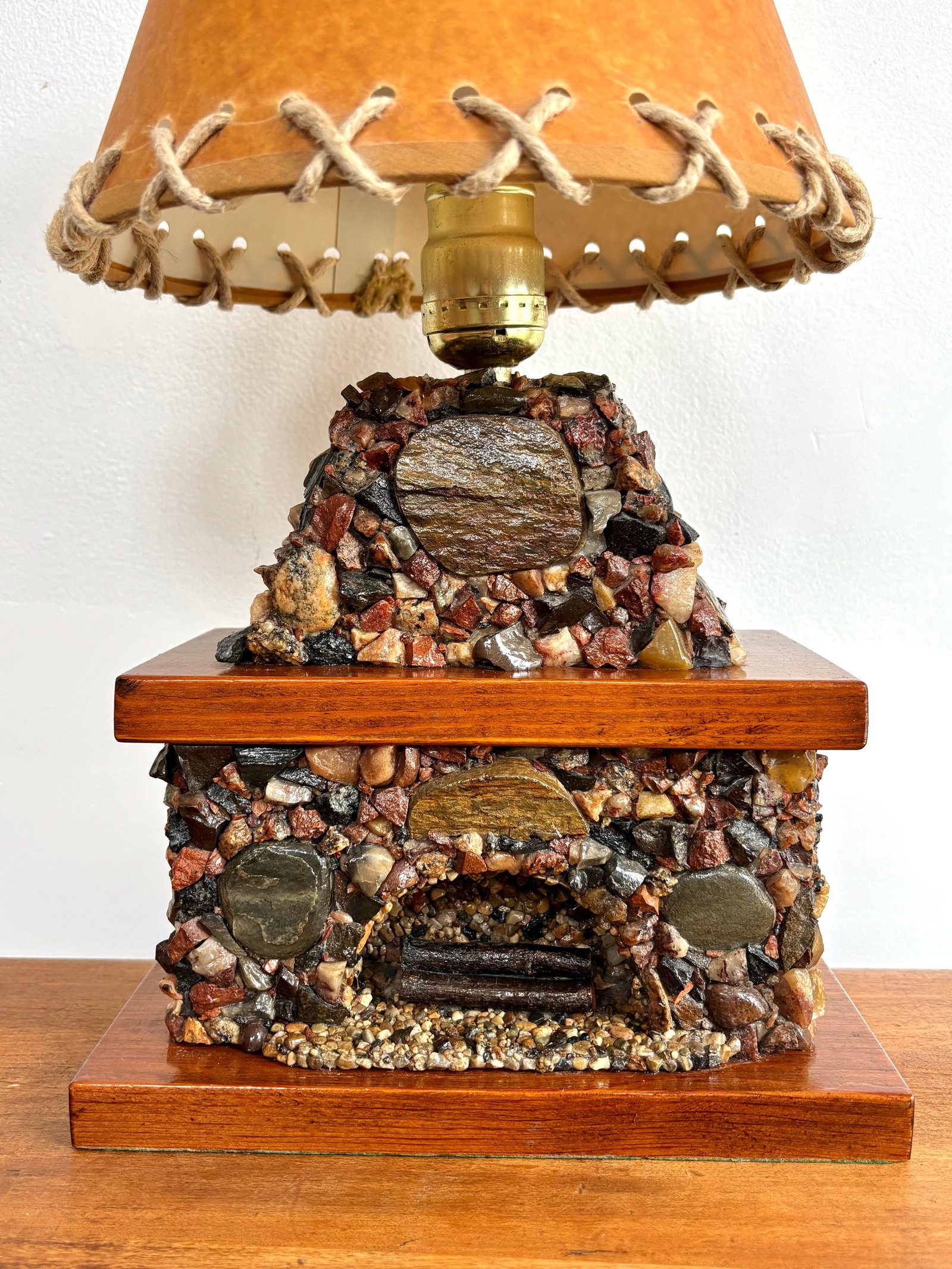 1940s Rustic Stone Fireplace Lamp Plus Night Light With Shade - 6