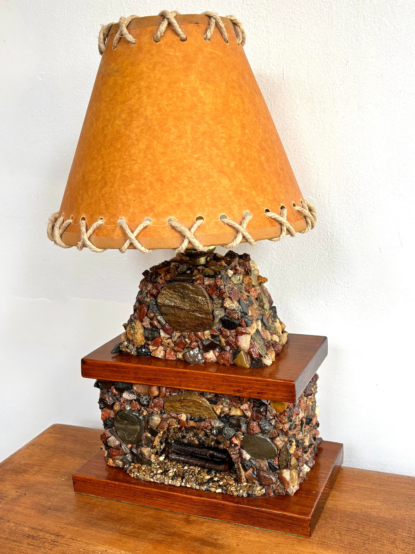 1940s Rustic Stone Fireplace Lamp Plus Night Light With Shade - 7