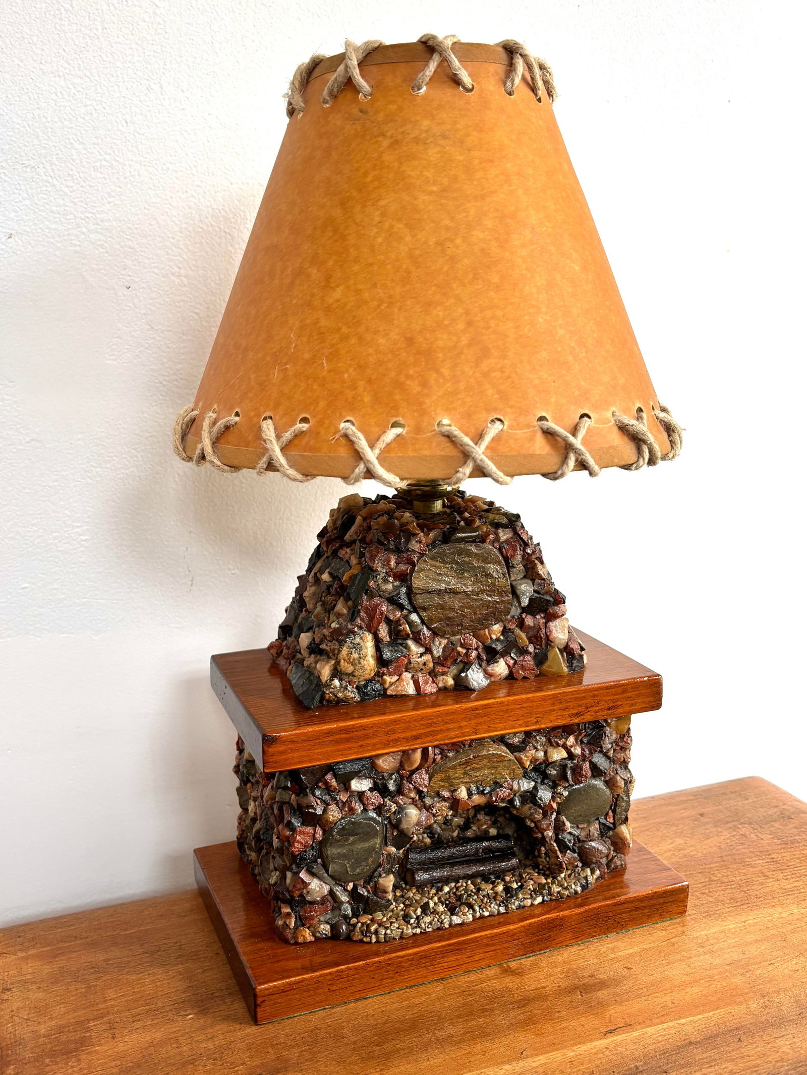 1940s Rustic Stone Fireplace Lamp Plus Night Light With Shade - 8