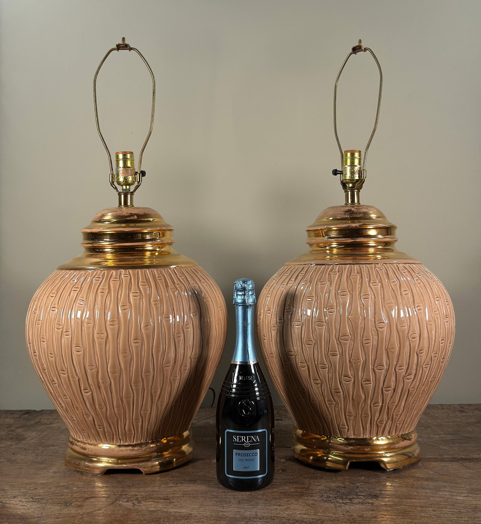 Vintage Ceramic Faux Bamboo Table Lamps With Gold Accents - A Pair - 2