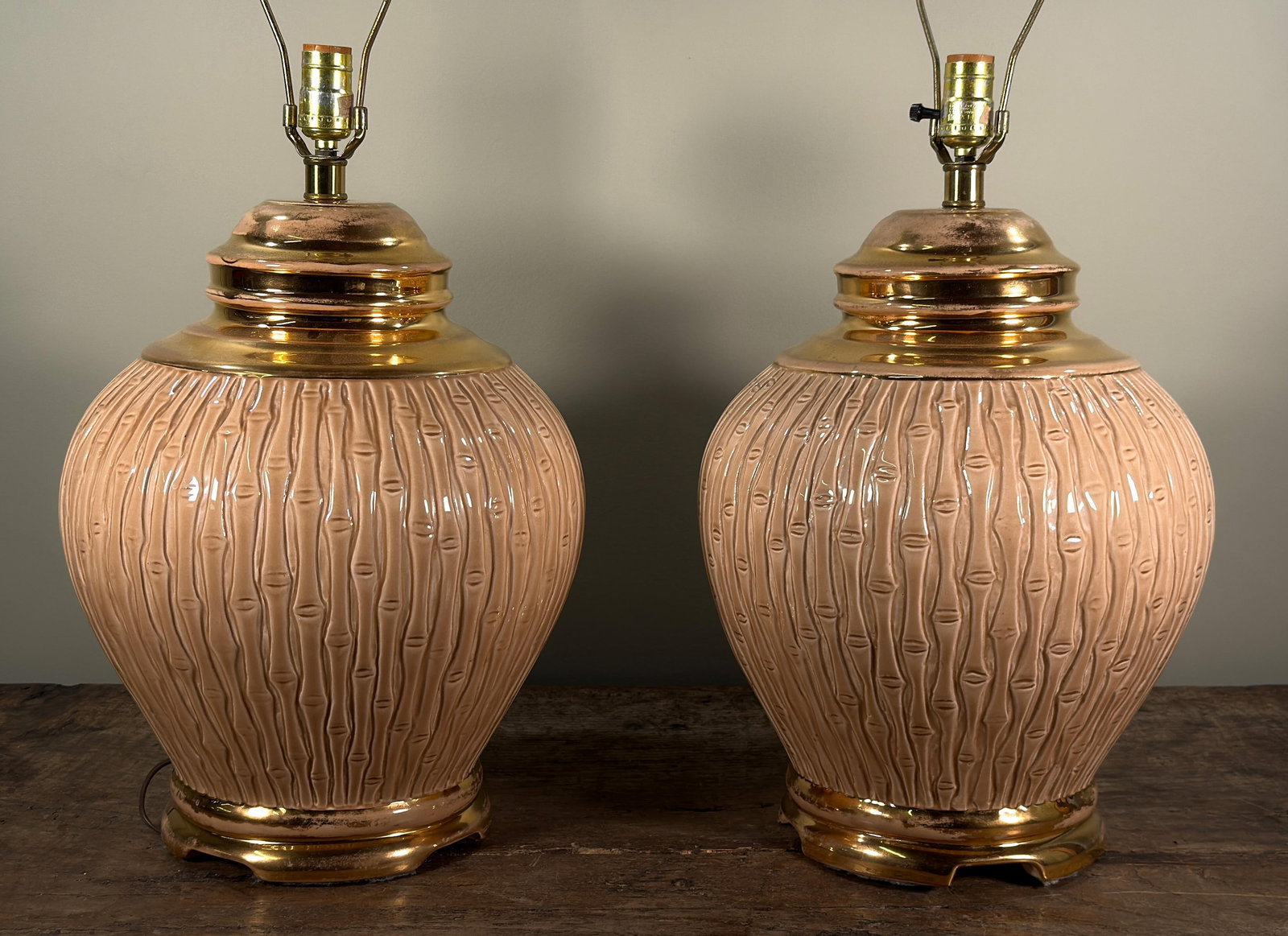 Vintage Ceramic Faux Bamboo Table Lamps With Gold Accents - A Pair - 7