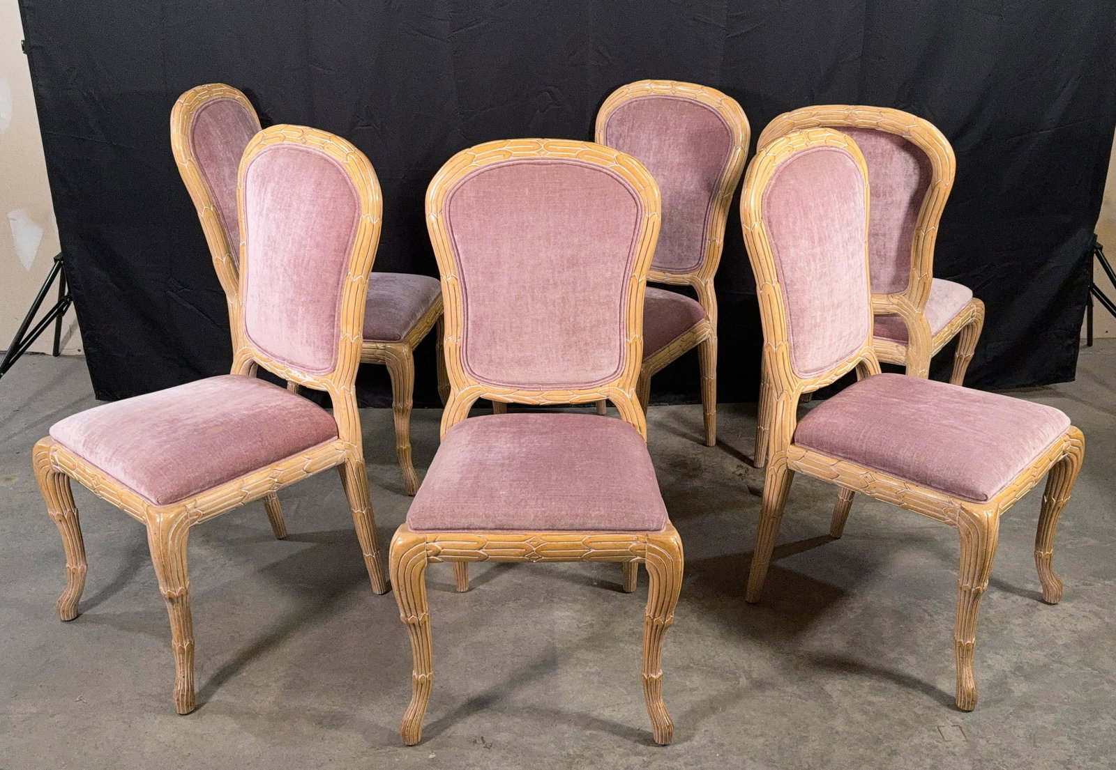 c.1970's Carved Florentine Faux Bois Italian Dining Chairs in Velvet, Attributed to Chelini - Set of - 2