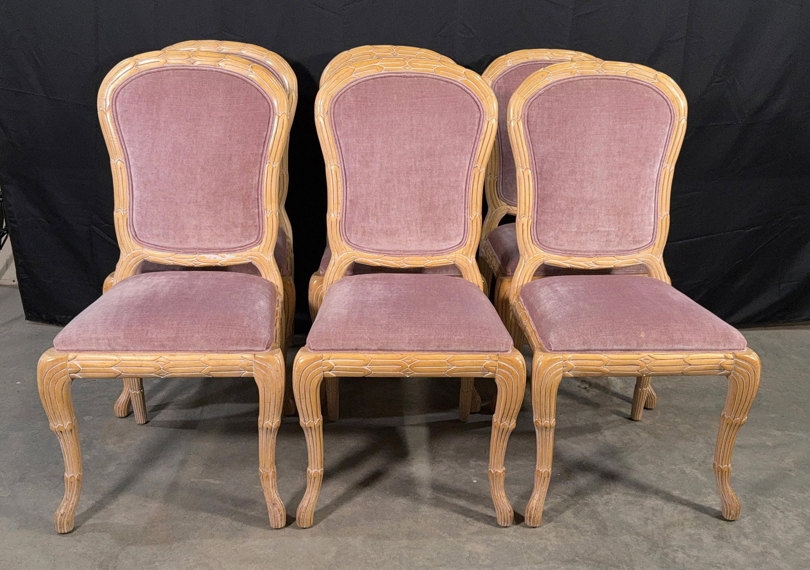 c.1970's Carved Florentine Faux Bois Italian Dining Chairs in Velvet, Attributed to Chelini - Set of - 3