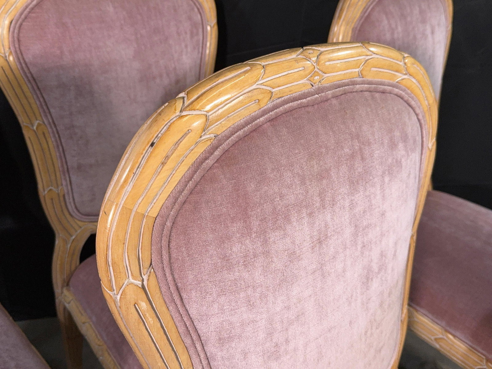 c.1970's Carved Florentine Faux Bois Italian Dining Chairs in Velvet, Attributed to Chelini - Set of - 4