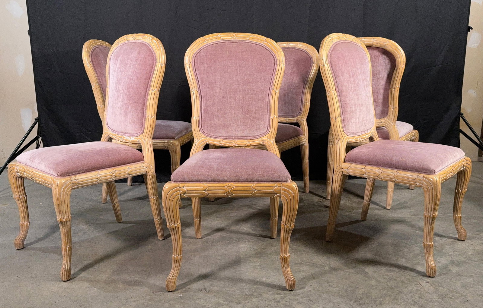c.1970's Carved Florentine Faux Bois Italian Dining Chairs in Velvet, Attributed to Chelini - Set of - 5