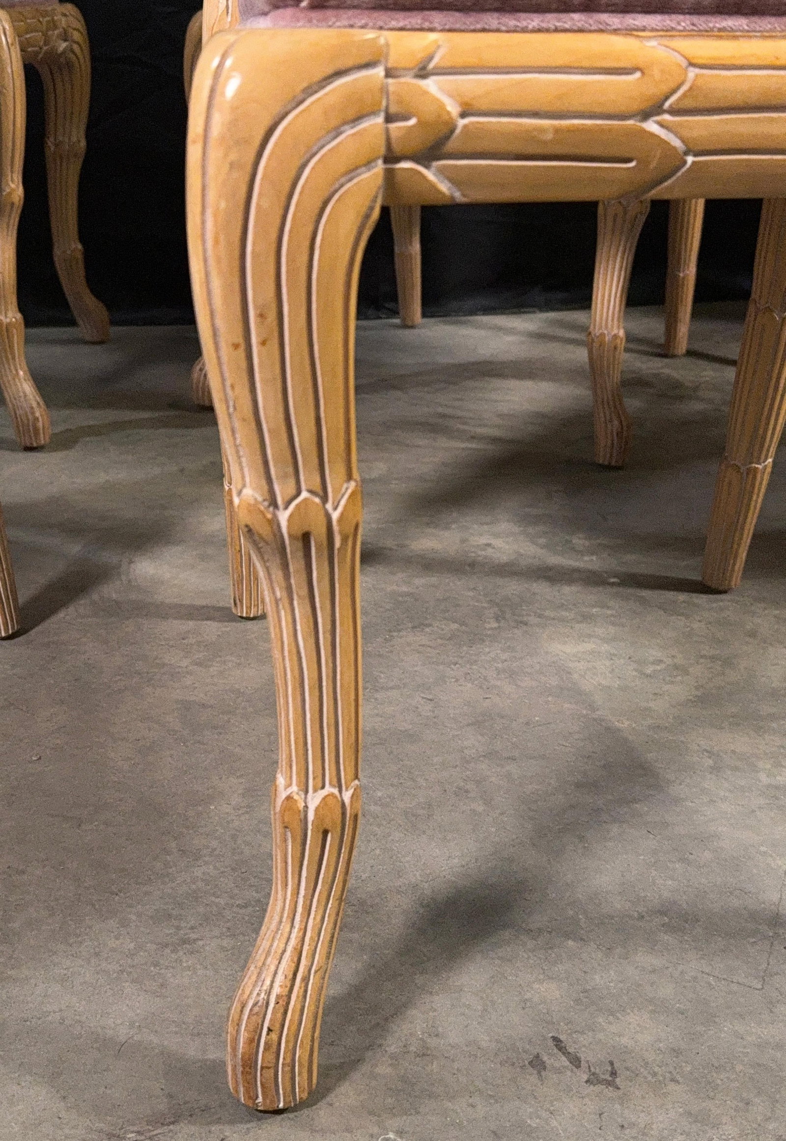 c.1970's Carved Florentine Faux Bois Italian Dining Chairs in Velvet, Attributed to Chelini - Set of - 6