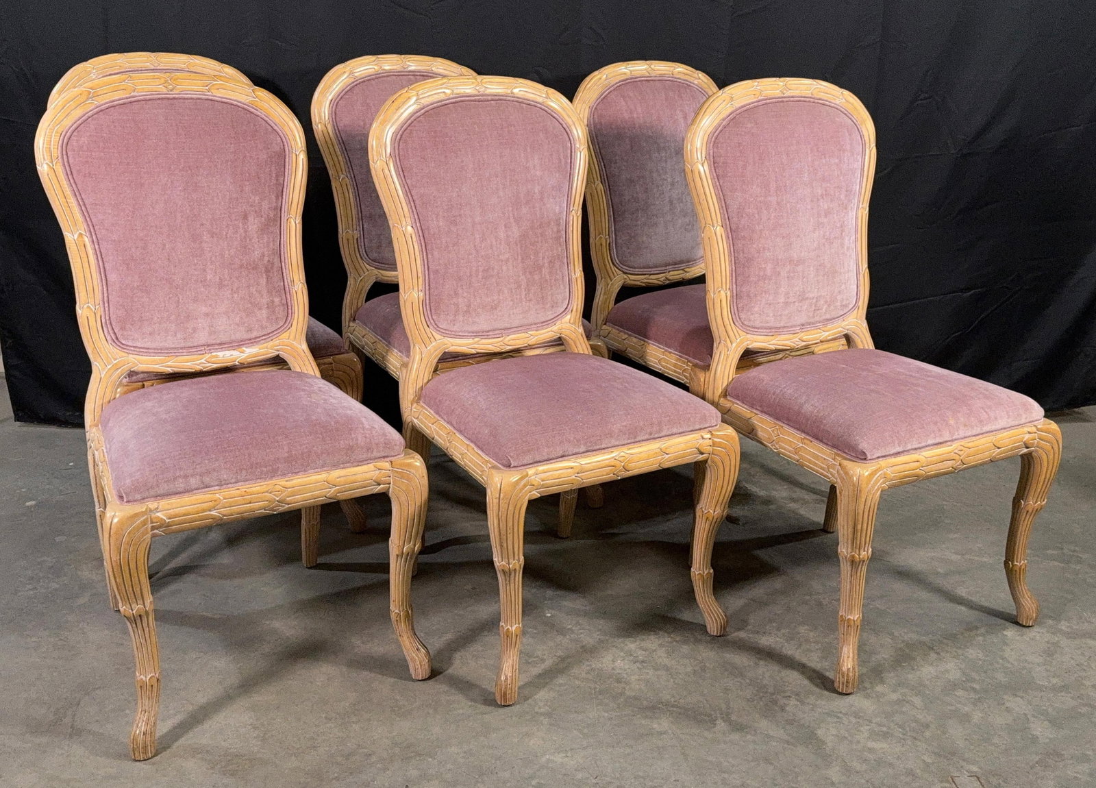 c.1970's Carved Florentine Faux Bois Italian Dining Chairs in Velvet, Attributed to Chelini - Set of - 7