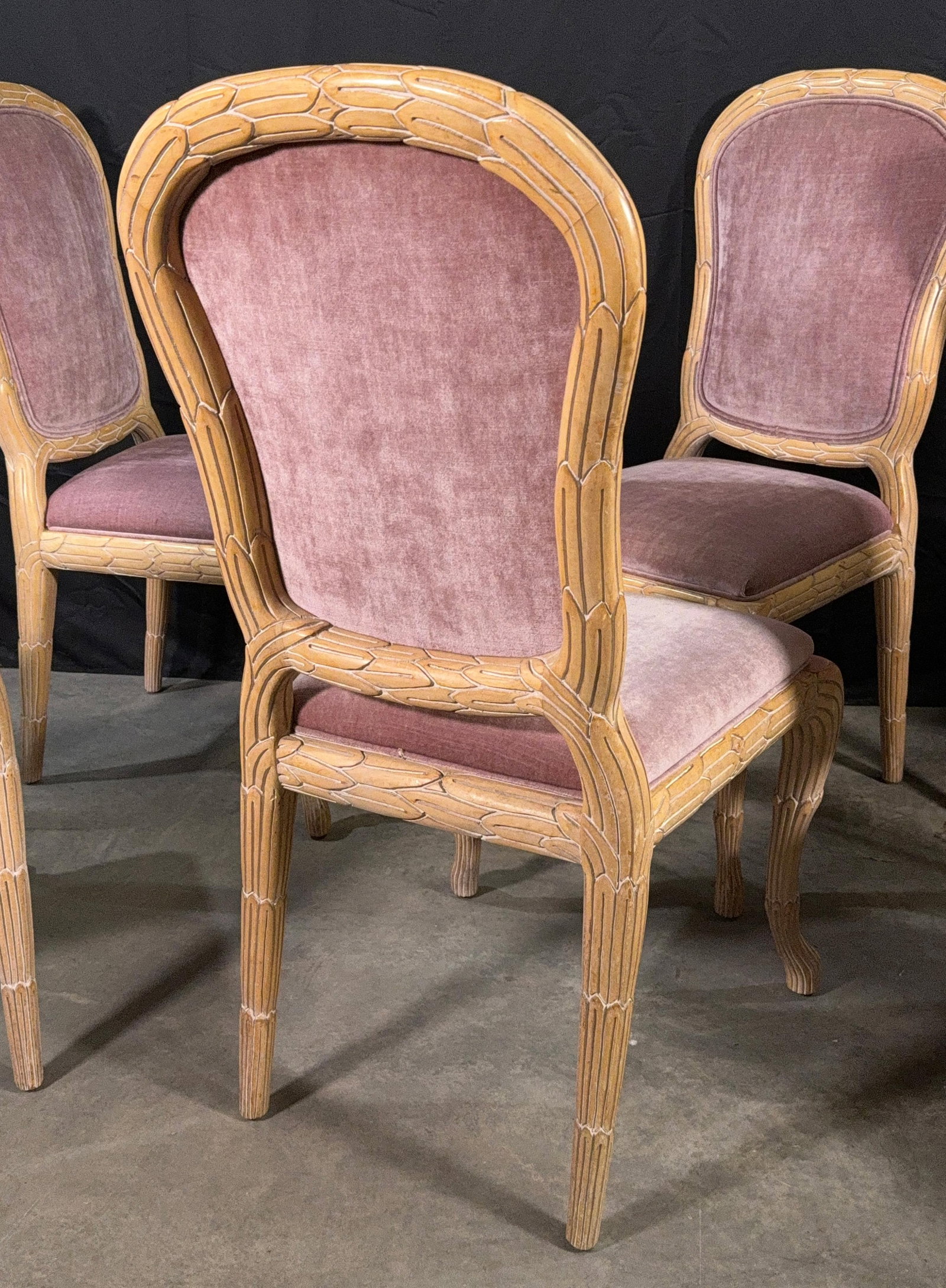 c.1970's Carved Florentine Faux Bois Italian Dining Chairs in Velvet, Attributed to Chelini - Set of - 8