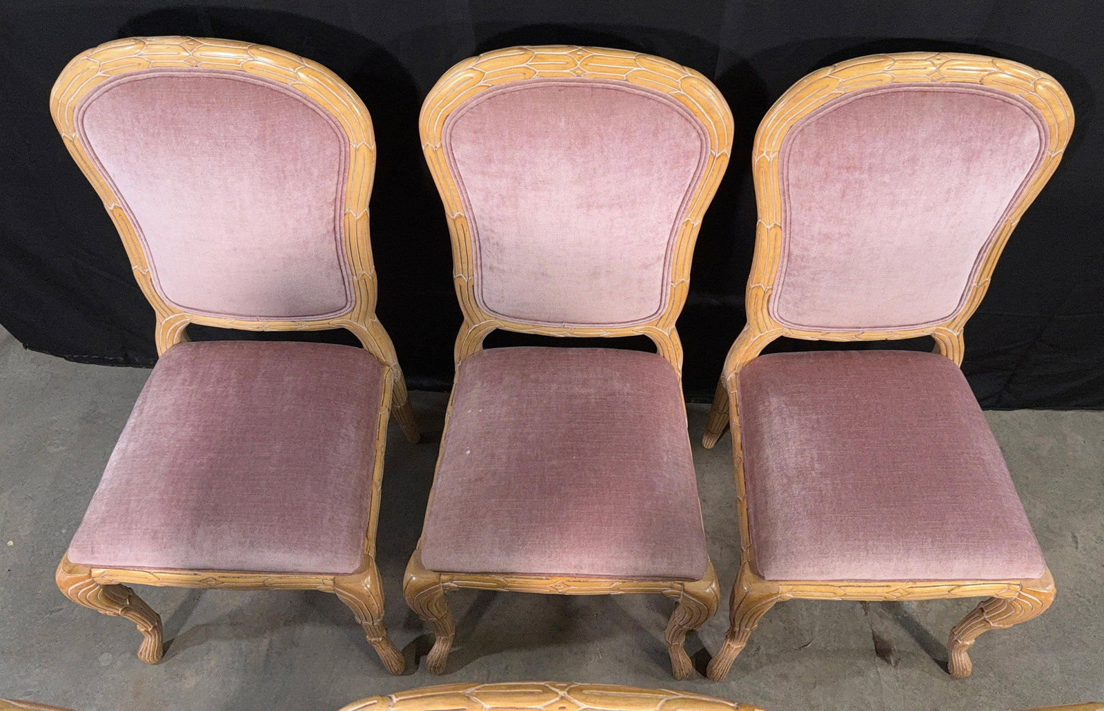 c.1970's Carved Florentine Faux Bois Italian Dining Chairs in Velvet, Attributed to Chelini - Set of - 9