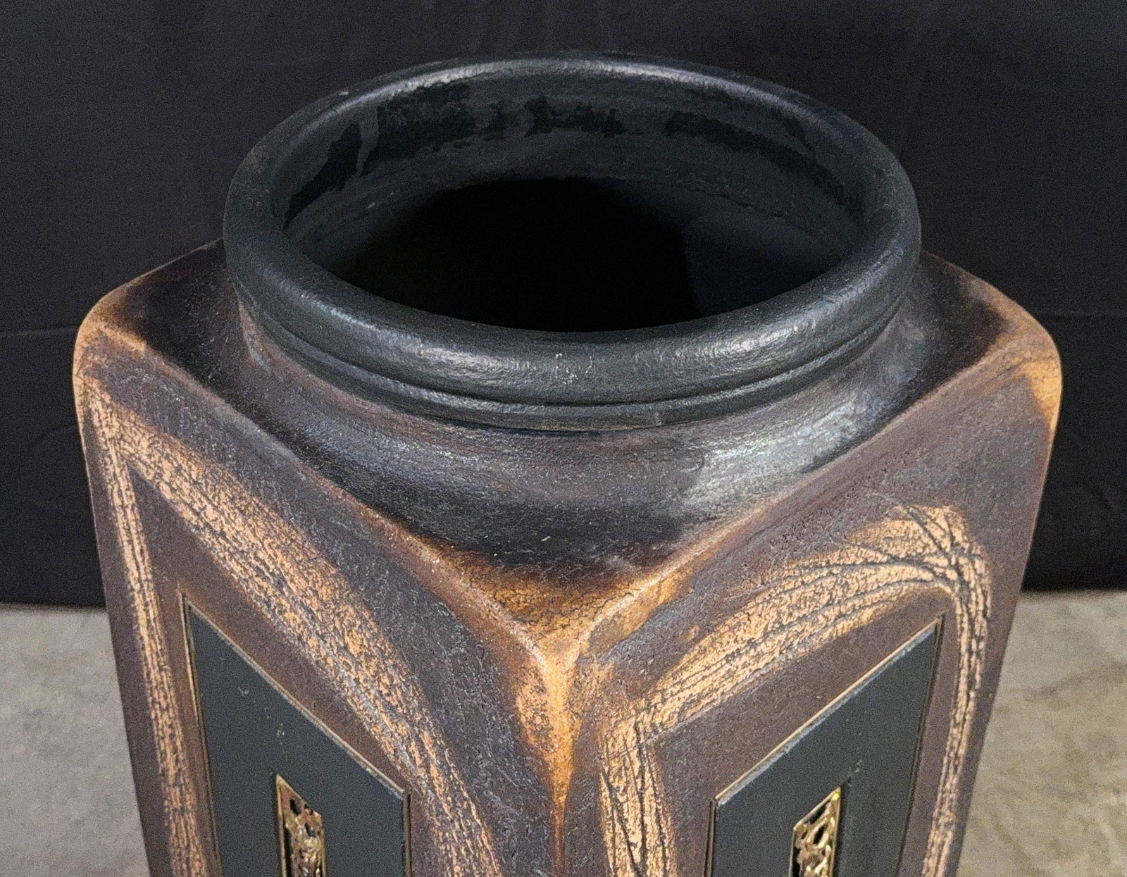 Vintage Brutalist Ceramic Floor Vase With Inlaid Brass Panels, Paul Evans Style, 1970s - 10