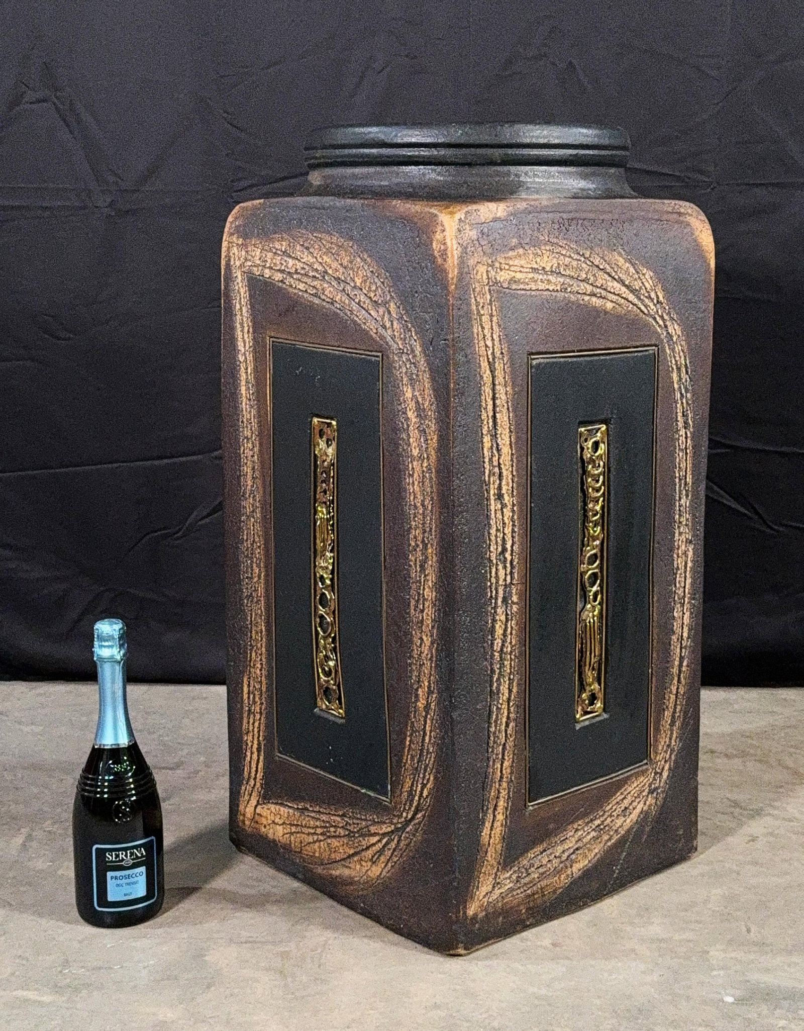 Vintage Brutalist Ceramic Floor Vase With Inlaid Brass Panels, Paul Evans Style, 1970s - 2