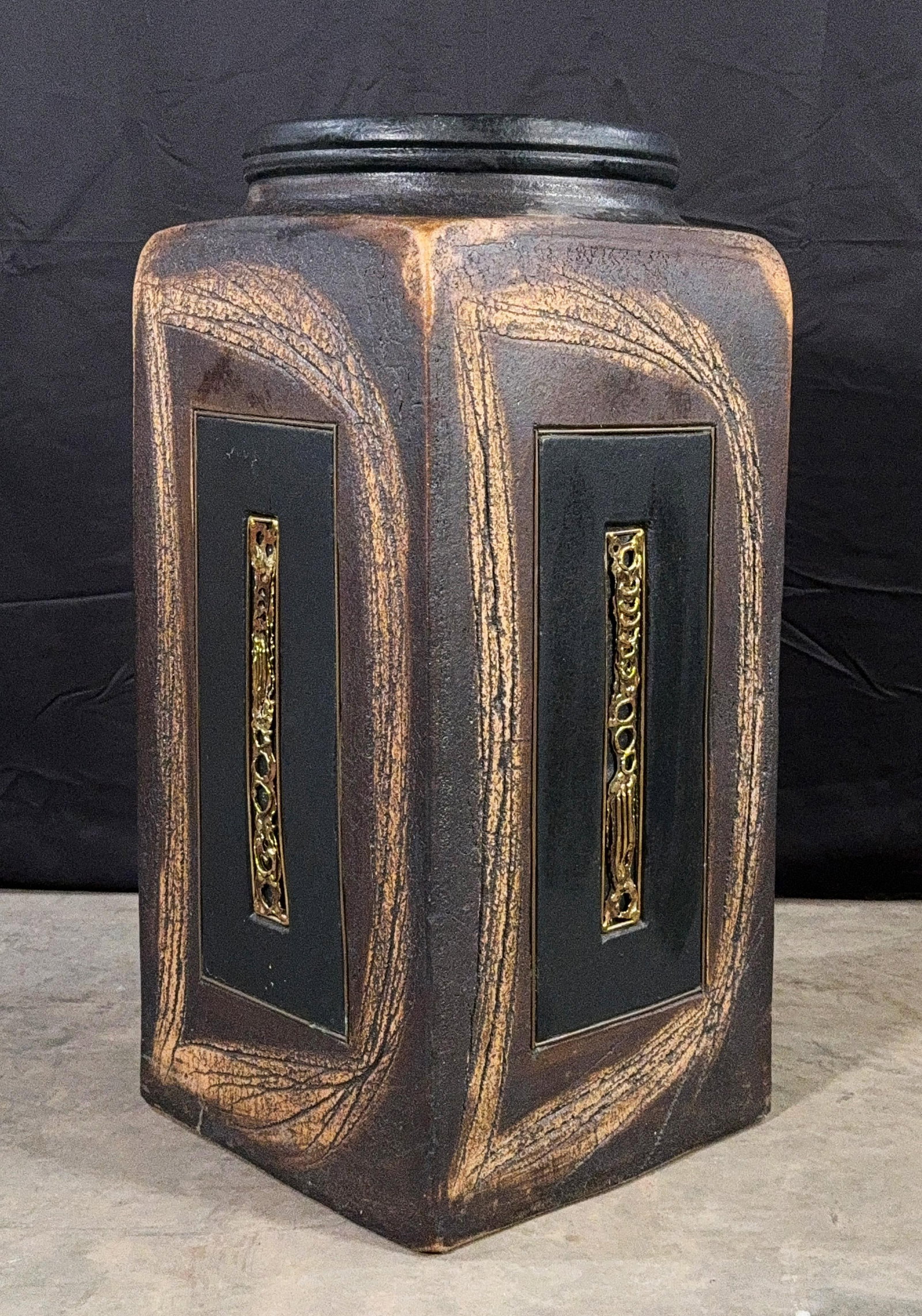 Vintage Brutalist Ceramic Floor Vase With Inlaid Brass Panels, Paul Evans Style, 1970s - 4