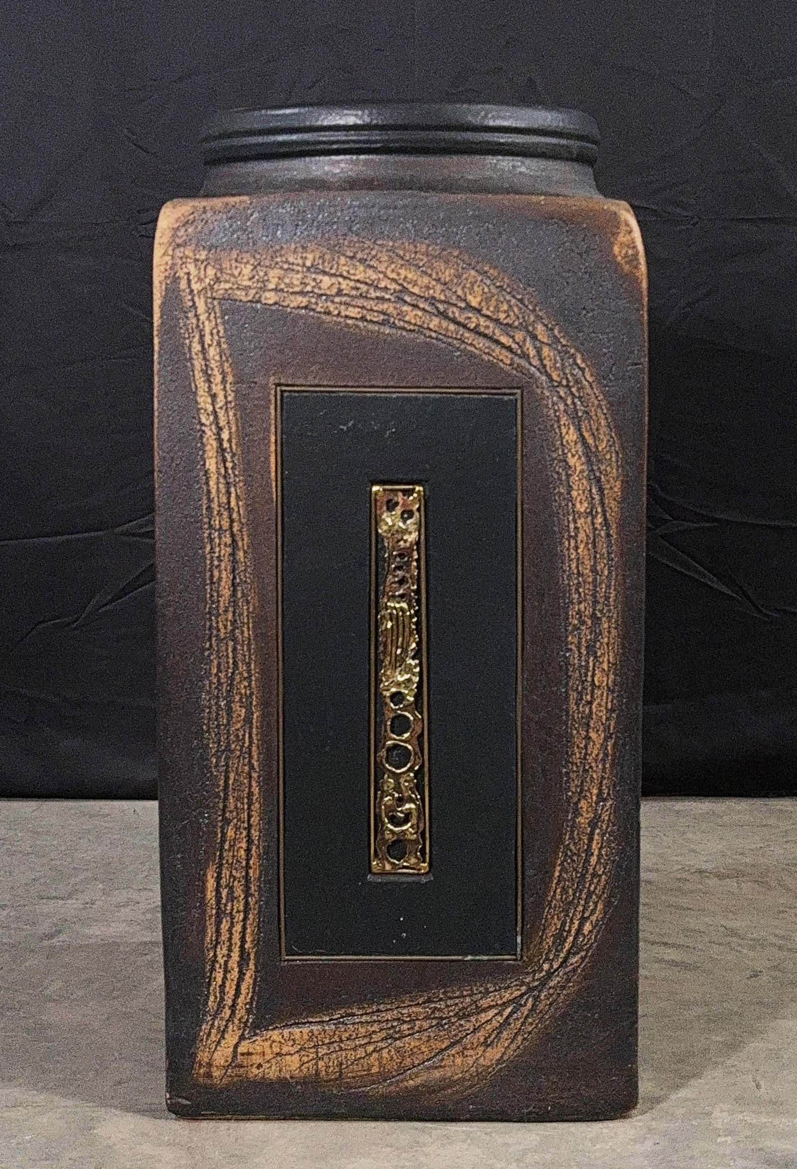 Vintage Brutalist Ceramic Floor Vase With Inlaid Brass Panels, Paul Evans Style, 1970s - 7