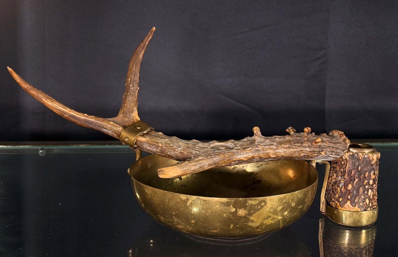 Antique Brass and Antler Cigar Ashtray Catchall Black Forest Hunting Lodge Style - 2