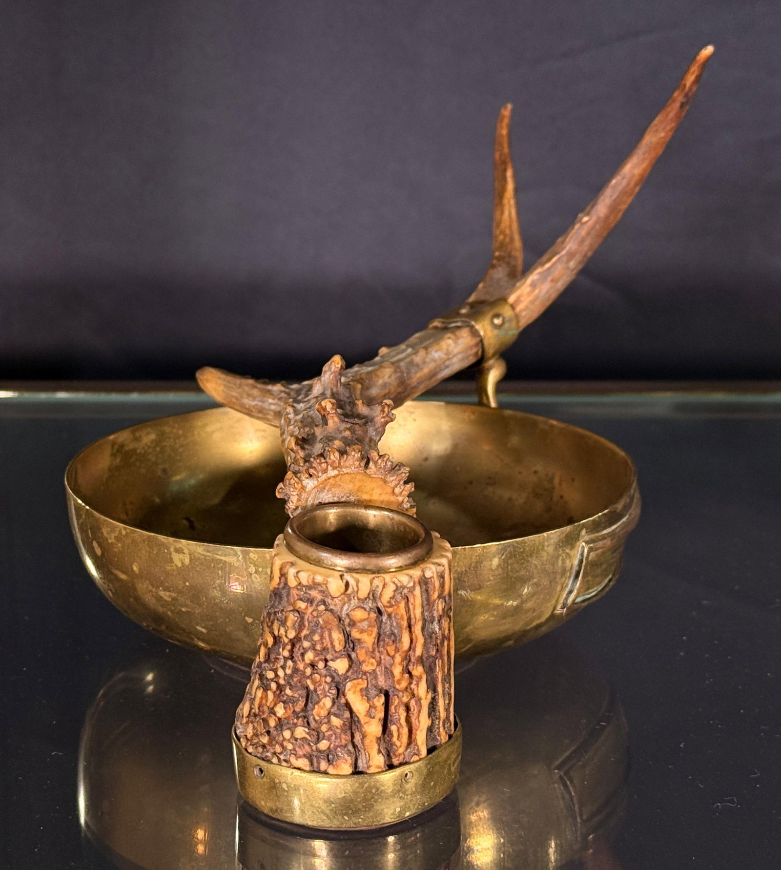 Antique Brass and Antler Cigar Ashtray Catchall Black Forest Hunting Lodge Style - 4
