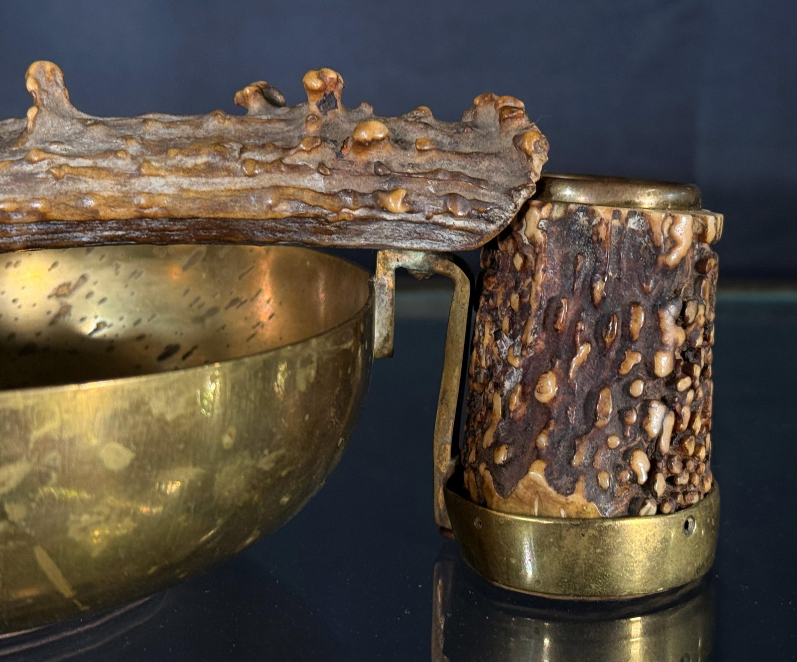 Antique Brass and Antler Cigar Ashtray Catchall Black Forest Hunting Lodge Style - 7