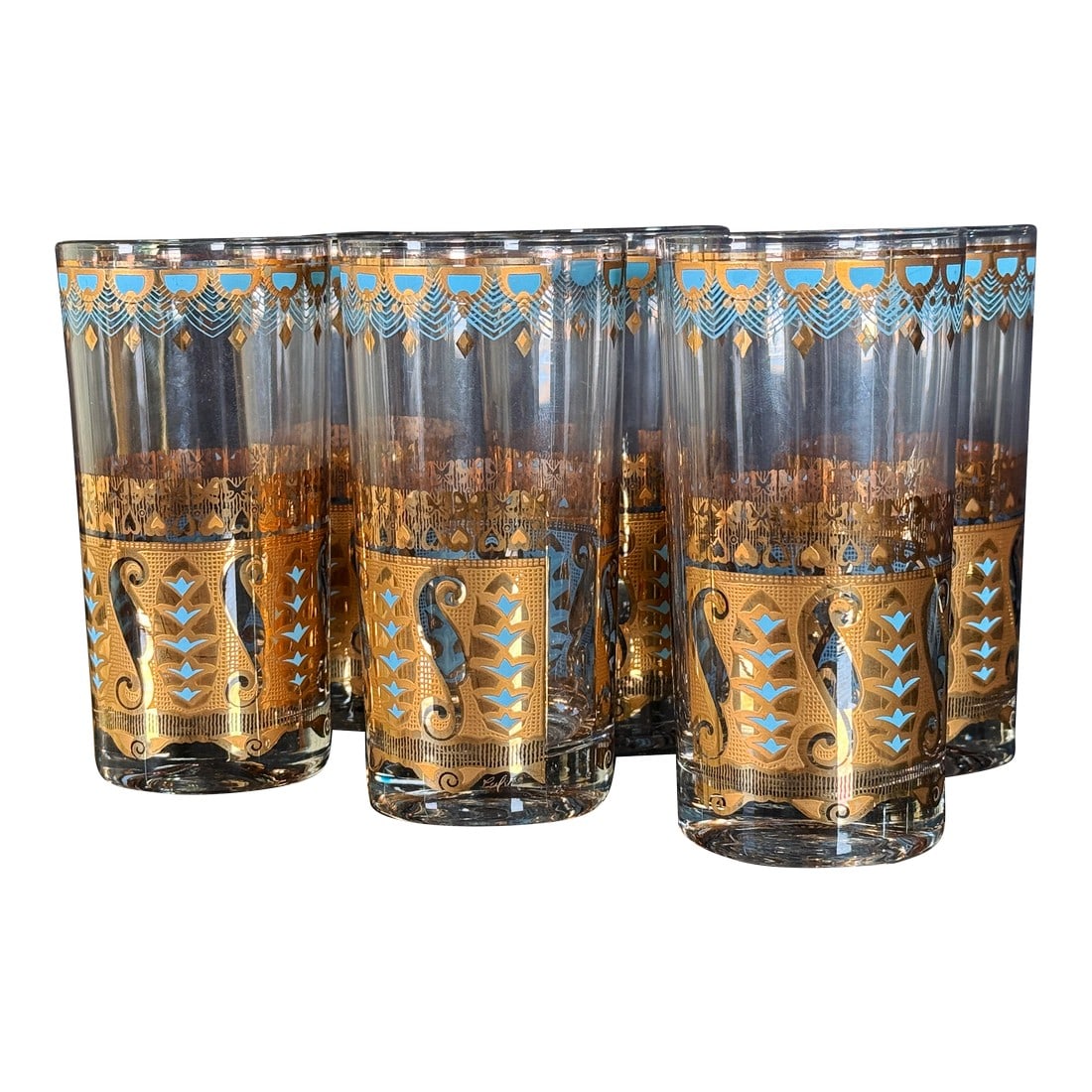Culver Saratoga Highball Glasses in Turquoise and 22k Gold - Set of 6: The Saratoga pattern by Culver Ltd. is one of the more striking of the 22k gold barware designs from the period, pairing richly textured gold bands with bright turquoise enamel accents in a