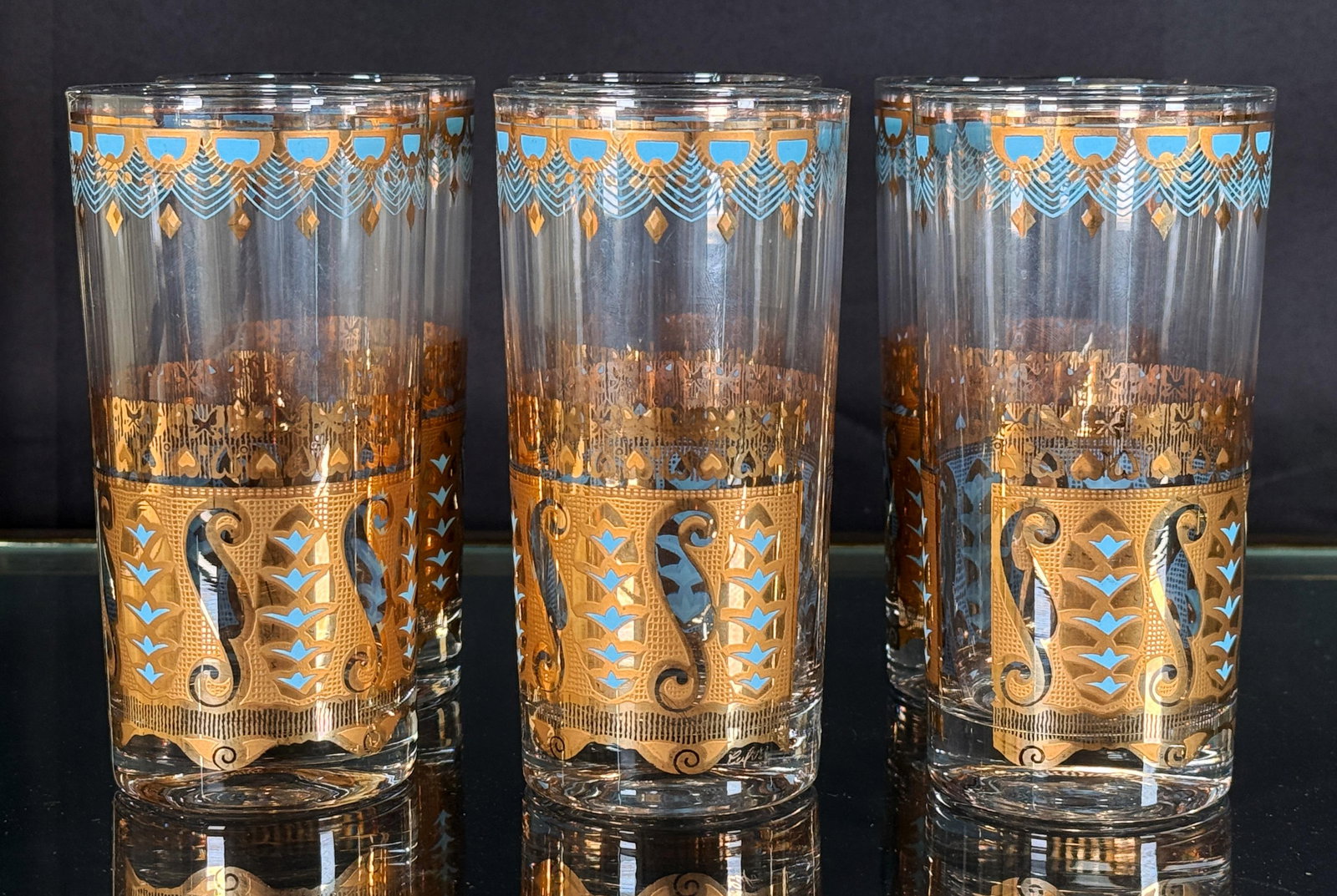 Culver Saratoga Highball Glasses in Turquoise and 22k Gold - Set of 6 - 2