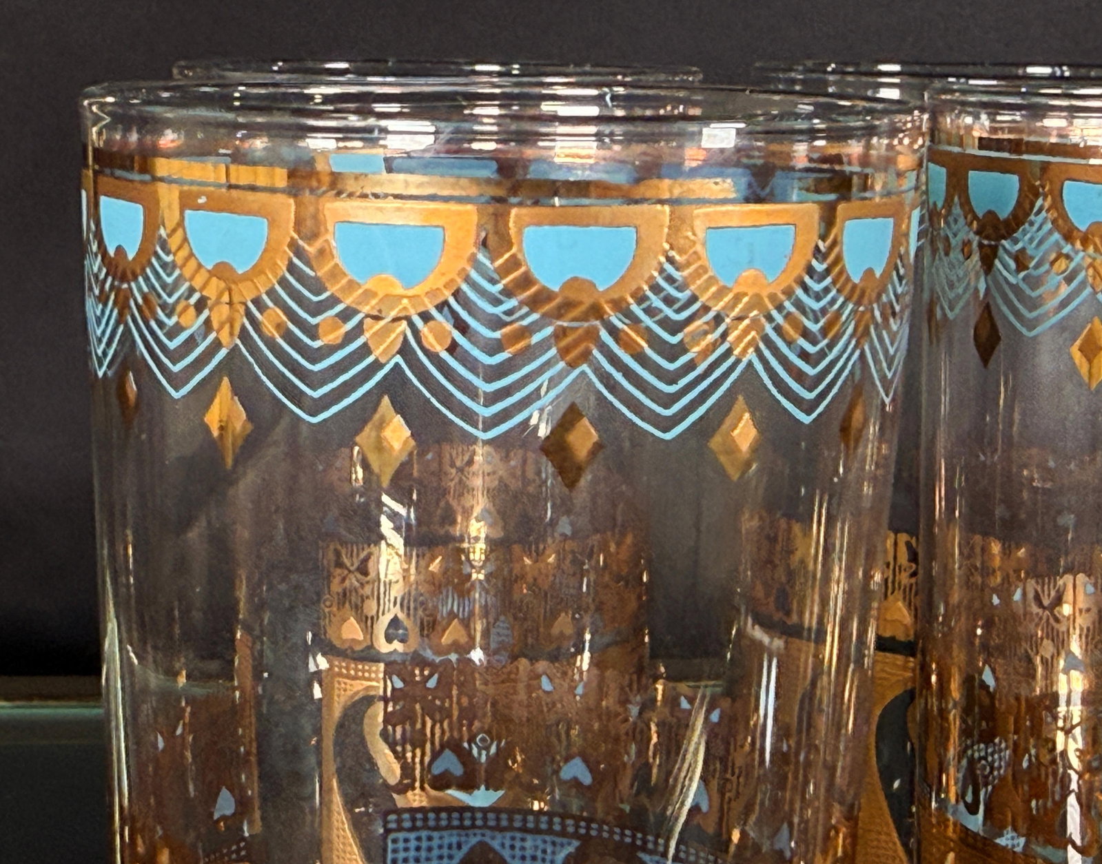Culver Saratoga Highball Glasses in Turquoise and 22k Gold - Set of 6 - 5