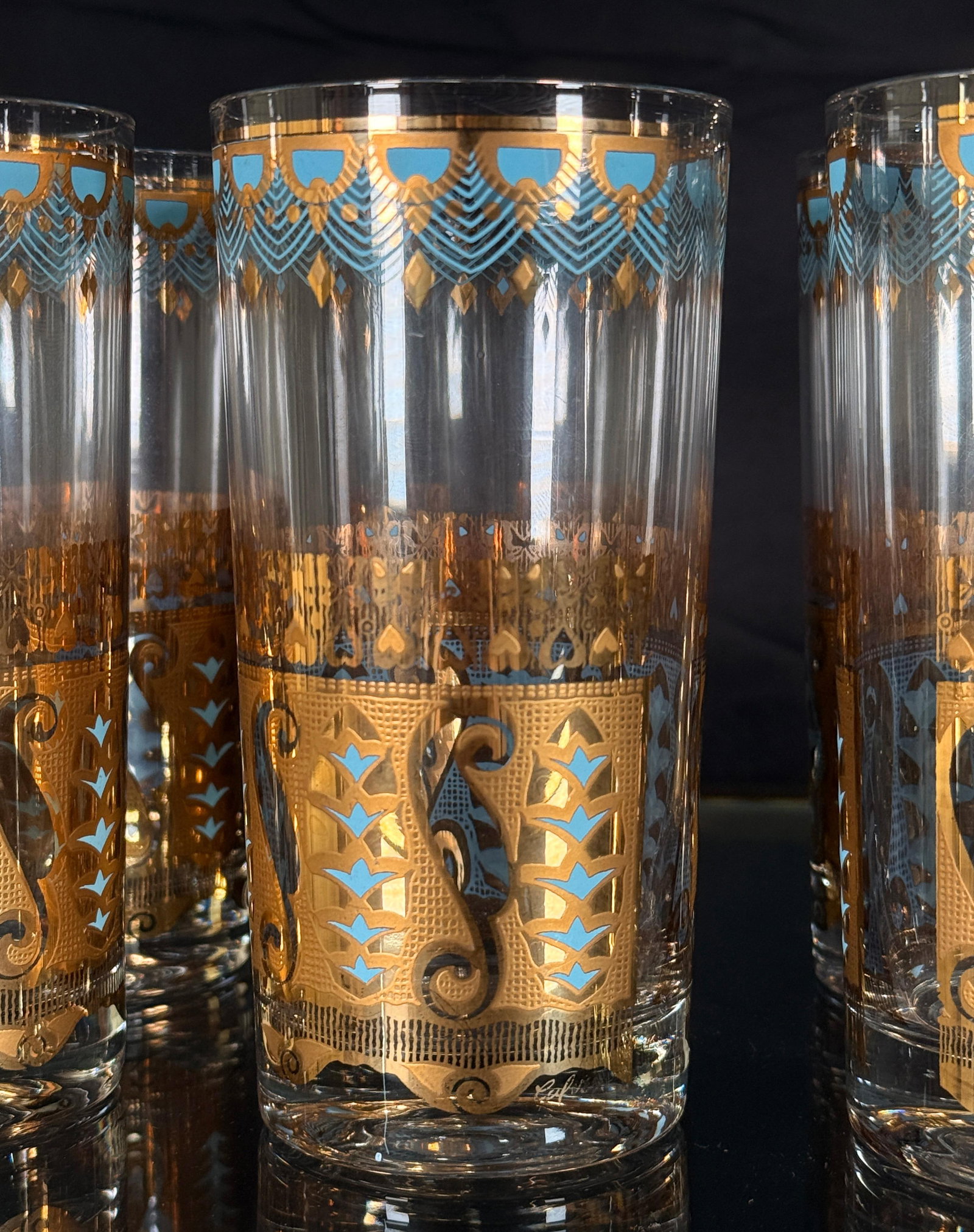 Culver Saratoga Highball Glasses in Turquoise and 22k Gold - Set of 6 - 6
