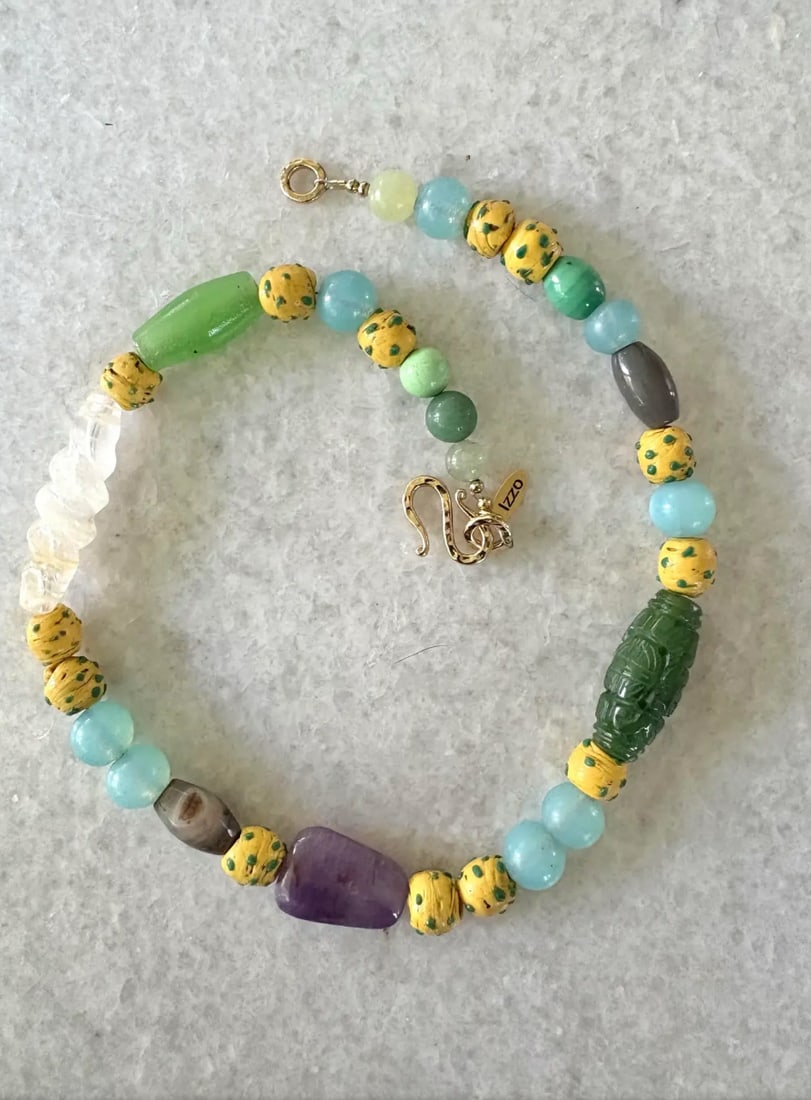 Carved Jade, Amethyst, Turquoise, Rare Ancient Venetian Glass Beaded Necklace Designed by Matthew Iz - 3