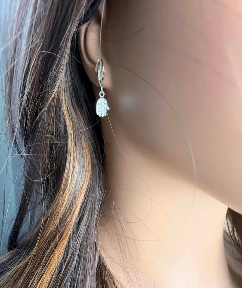 14k White Gold Diamond Hamsa Lever Back Earrings Symbolic Timeless Protection, A Pair - 3