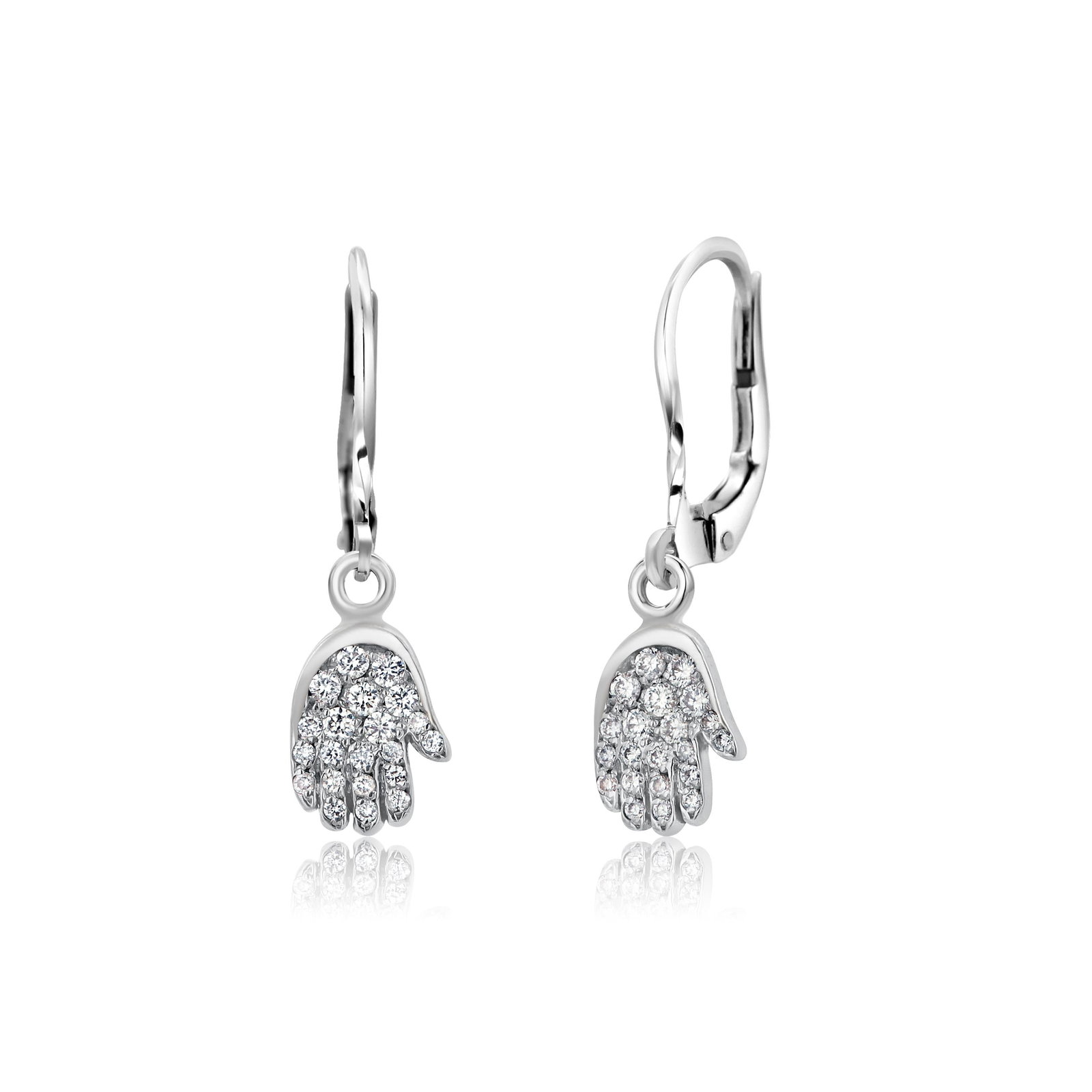 14k White Gold Diamond Hamsa Lever Back Earrings Symbolic Timeless Protection, A Pair - 4