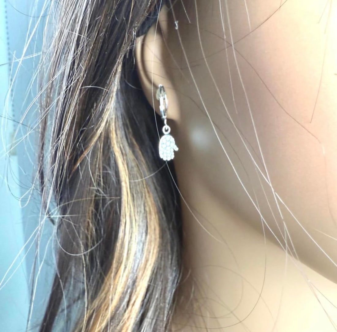 14k White Gold Diamond Hamsa Lever Back Earrings Symbolic Timeless Protection, A Pair - 5