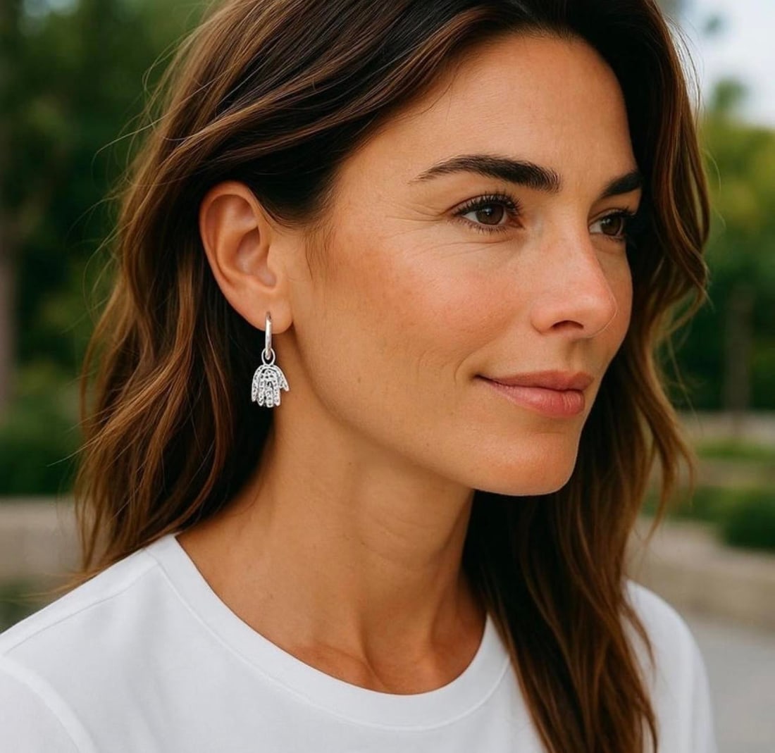 14k White Gold Diamond Hamsa Lever Back Earrings Symbolic Timeless Protection, A Pair - 6
