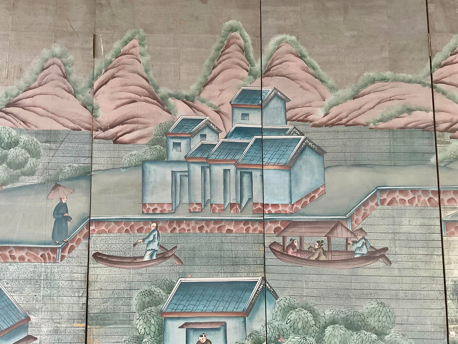 Antique Chinese Export Six Panel Watercolor Floor Screen, Hand-Painted - 10