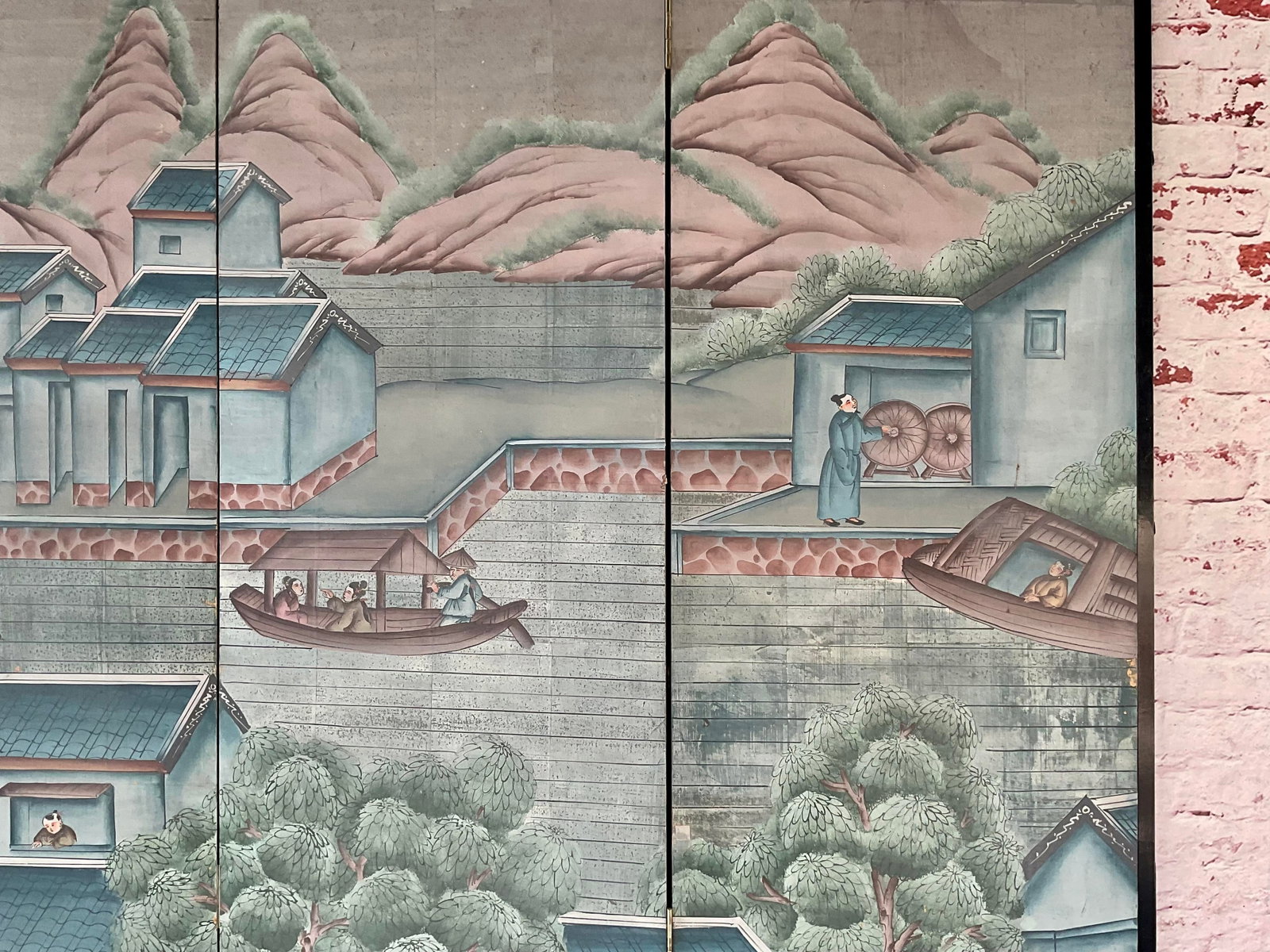 Antique Chinese Export Six Panel Watercolor Floor Screen, Hand-Painted - 11