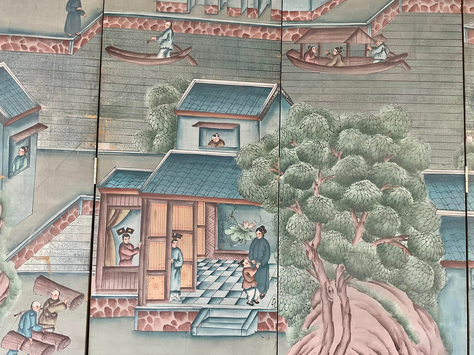 Antique Chinese Export Six Panel Watercolor Floor Screen, Hand-Painted - 12