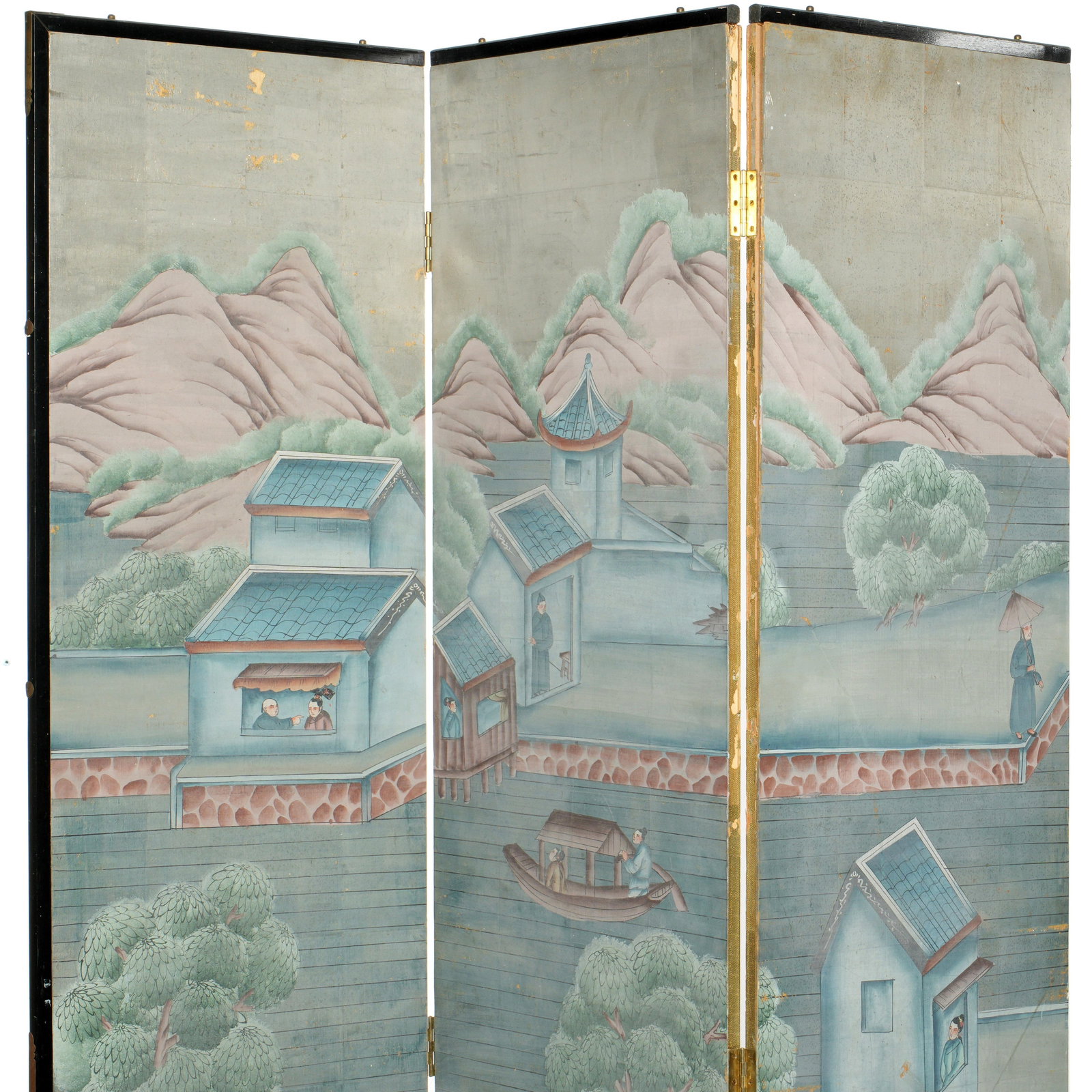 Antique Chinese Export Six Panel Watercolor Floor Screen, Hand-Painted - 2