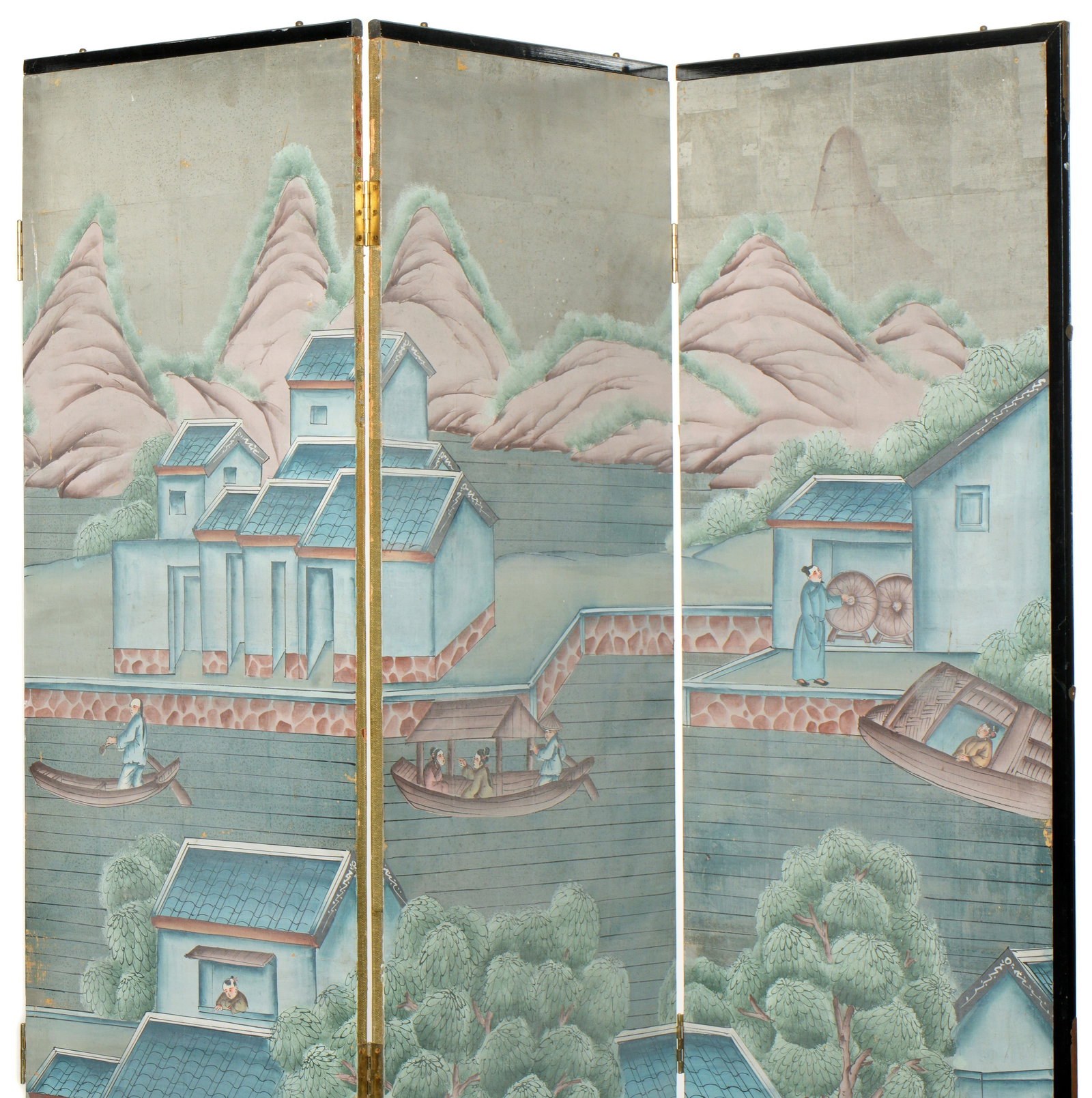 Antique Chinese Export Six Panel Watercolor Floor Screen, Hand-Painted - 3