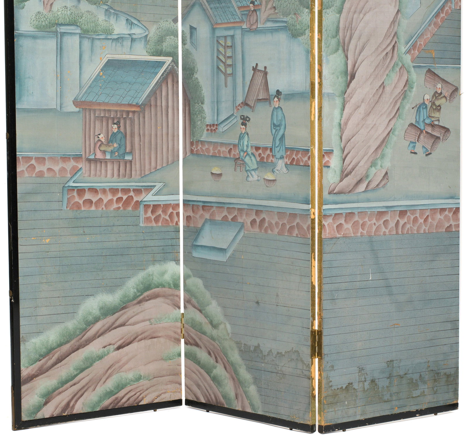 Antique Chinese Export Six Panel Watercolor Floor Screen, Hand-Painted - 4