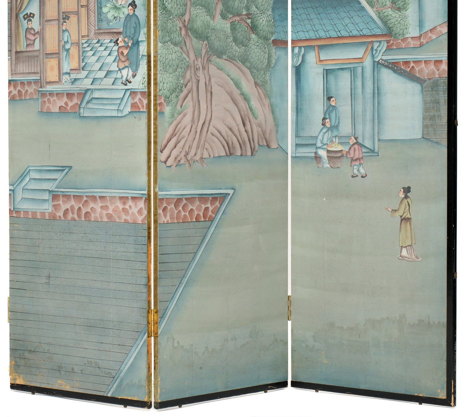Antique Chinese Export Six Panel Watercolor Floor Screen, Hand-Painted - 5
