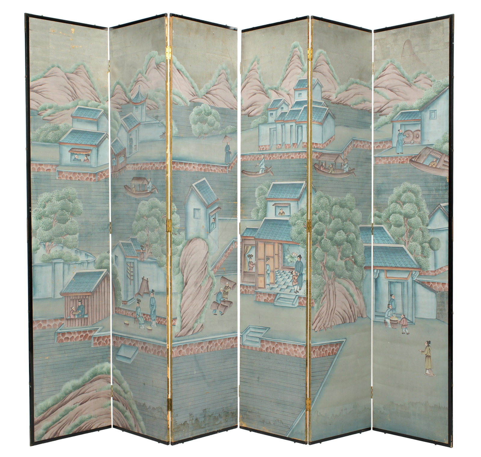 Antique Chinese Export Six Panel Watercolor Floor Screen, Hand-Painted - 7