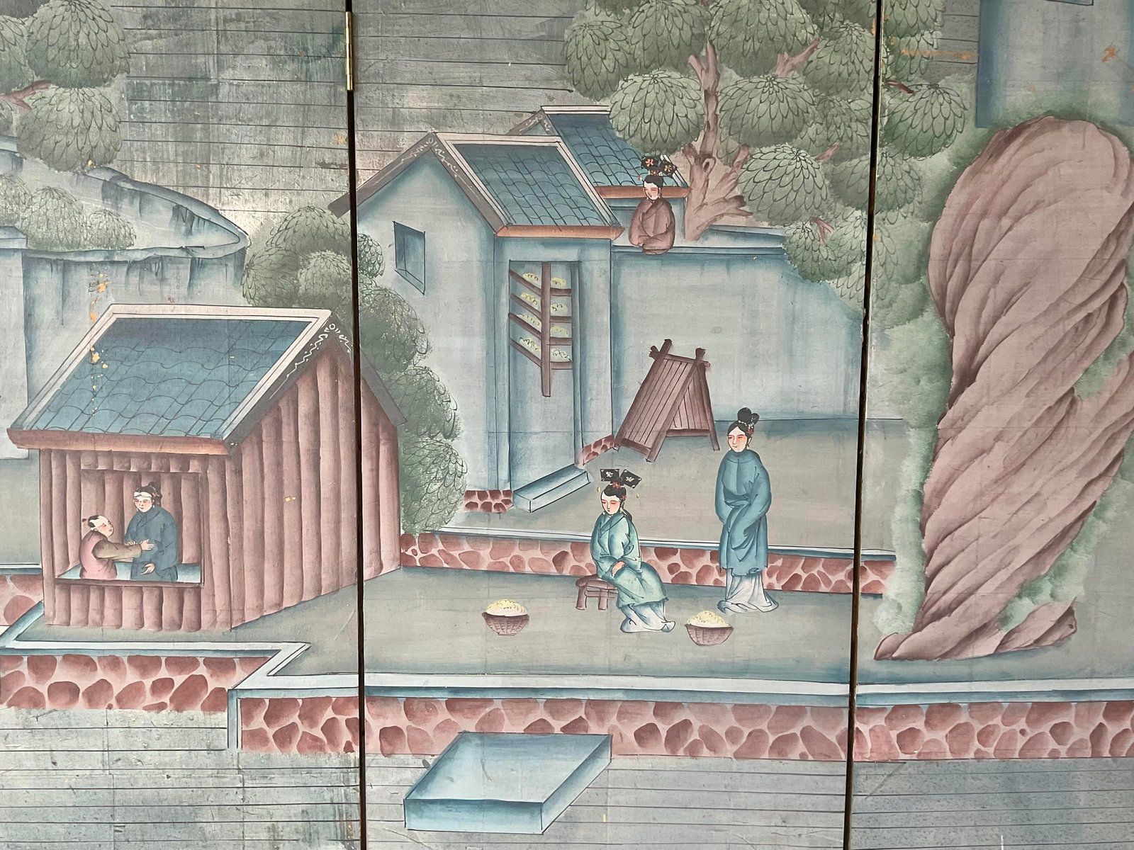 Antique Chinese Export Six Panel Watercolor Floor Screen, Hand-Painted - 8