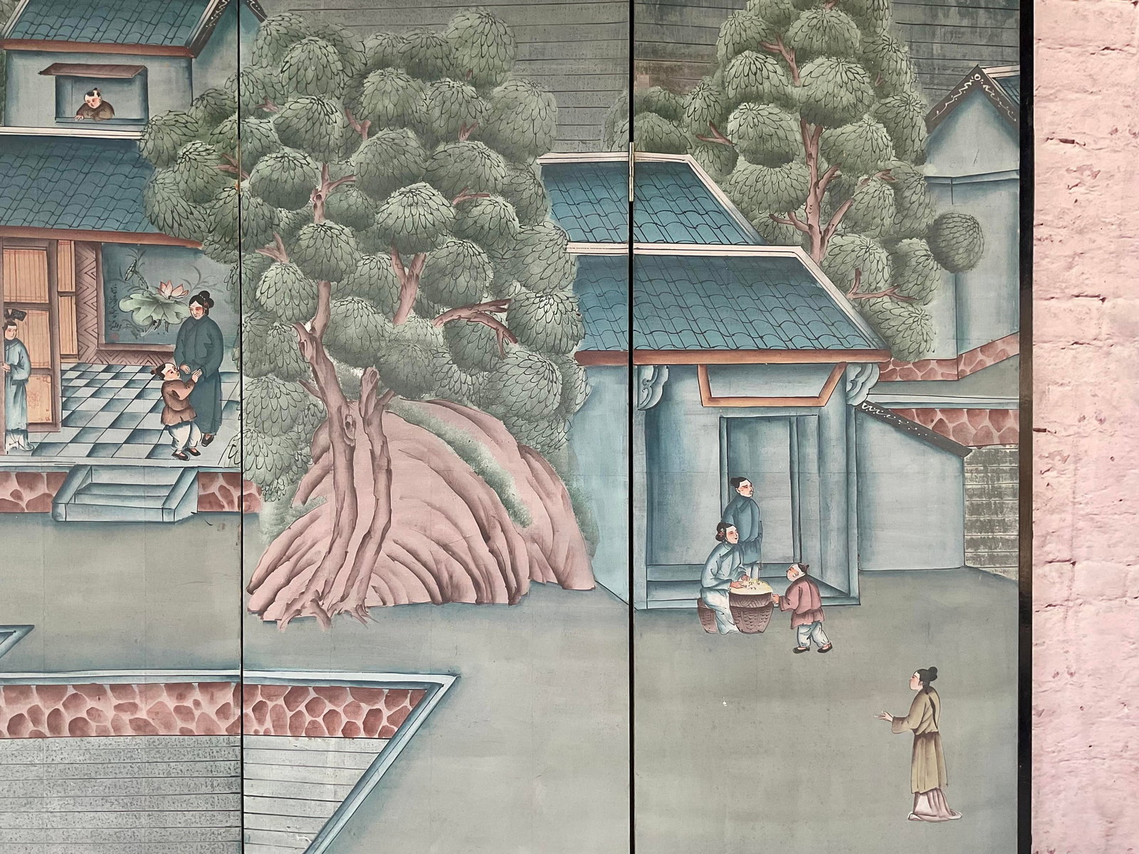 Antique Chinese Export Six Panel Watercolor Floor Screen, Hand-Painted - 9