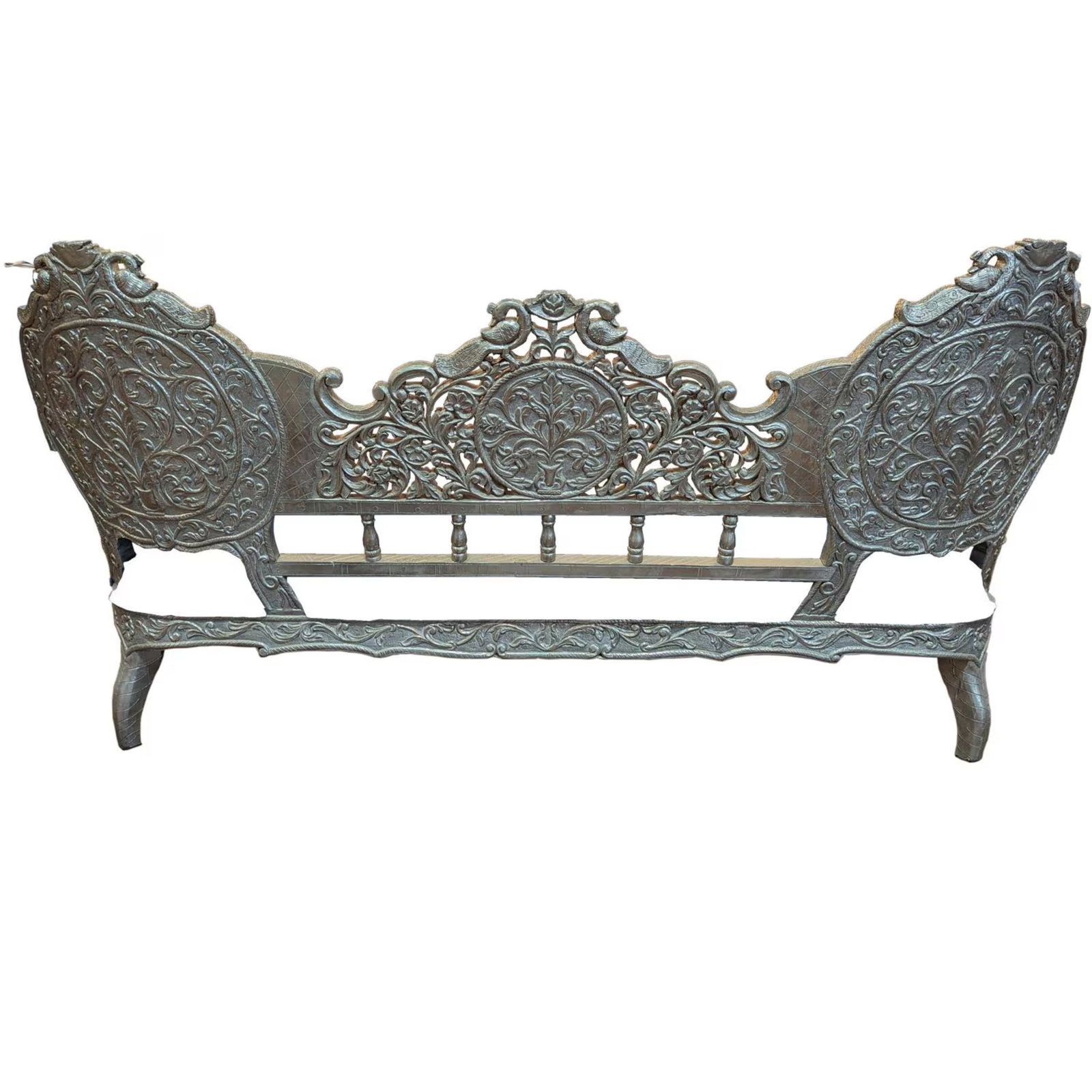 1970s Indian Ornate Silver Metal Clad Blue Velvet Maharaja Bench - 2
