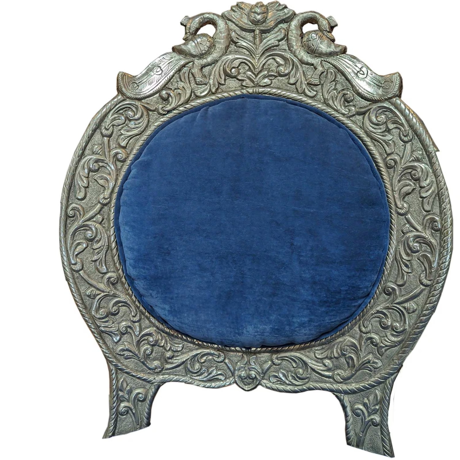 1970s Indian Ornate Silver Metal Clad Blue Velvet Maharaja Bench - 3
