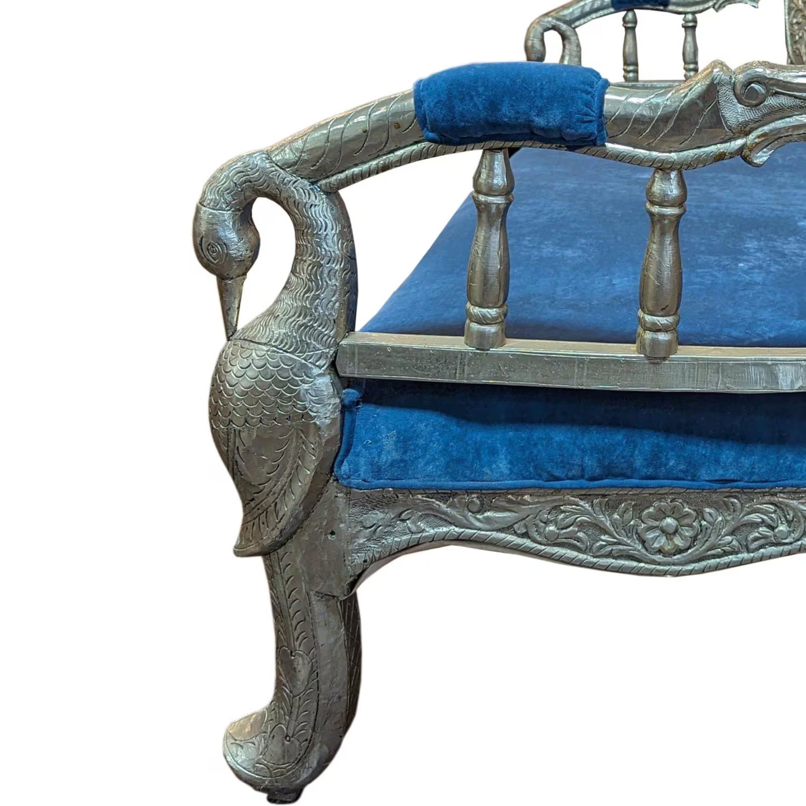 1970s Indian Ornate Silver Metal Clad Blue Velvet Maharaja Bench - 4
