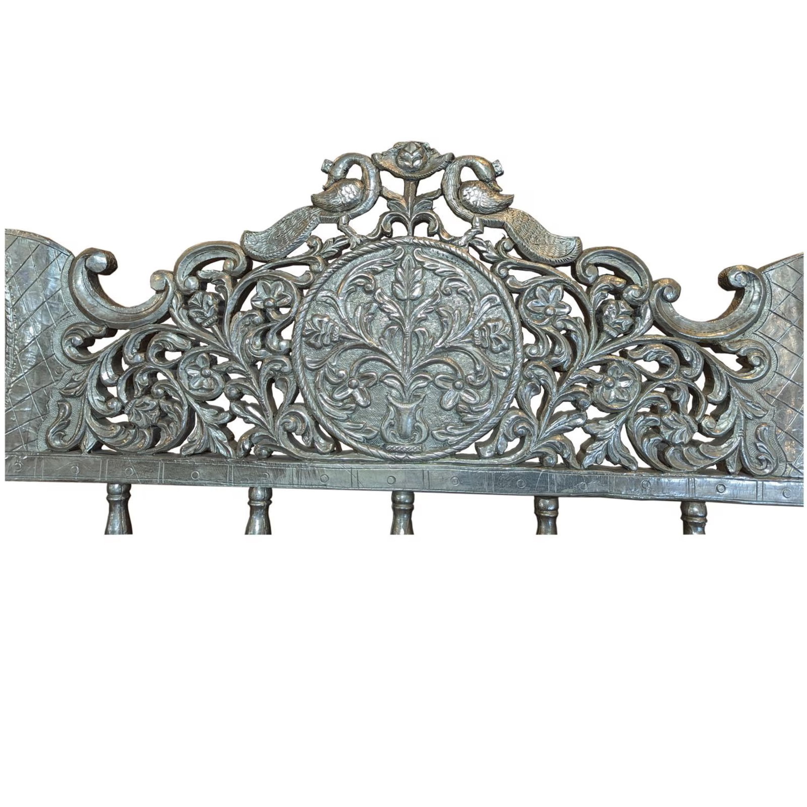 1970s Indian Ornate Silver Metal Clad Blue Velvet Maharaja Bench - 5