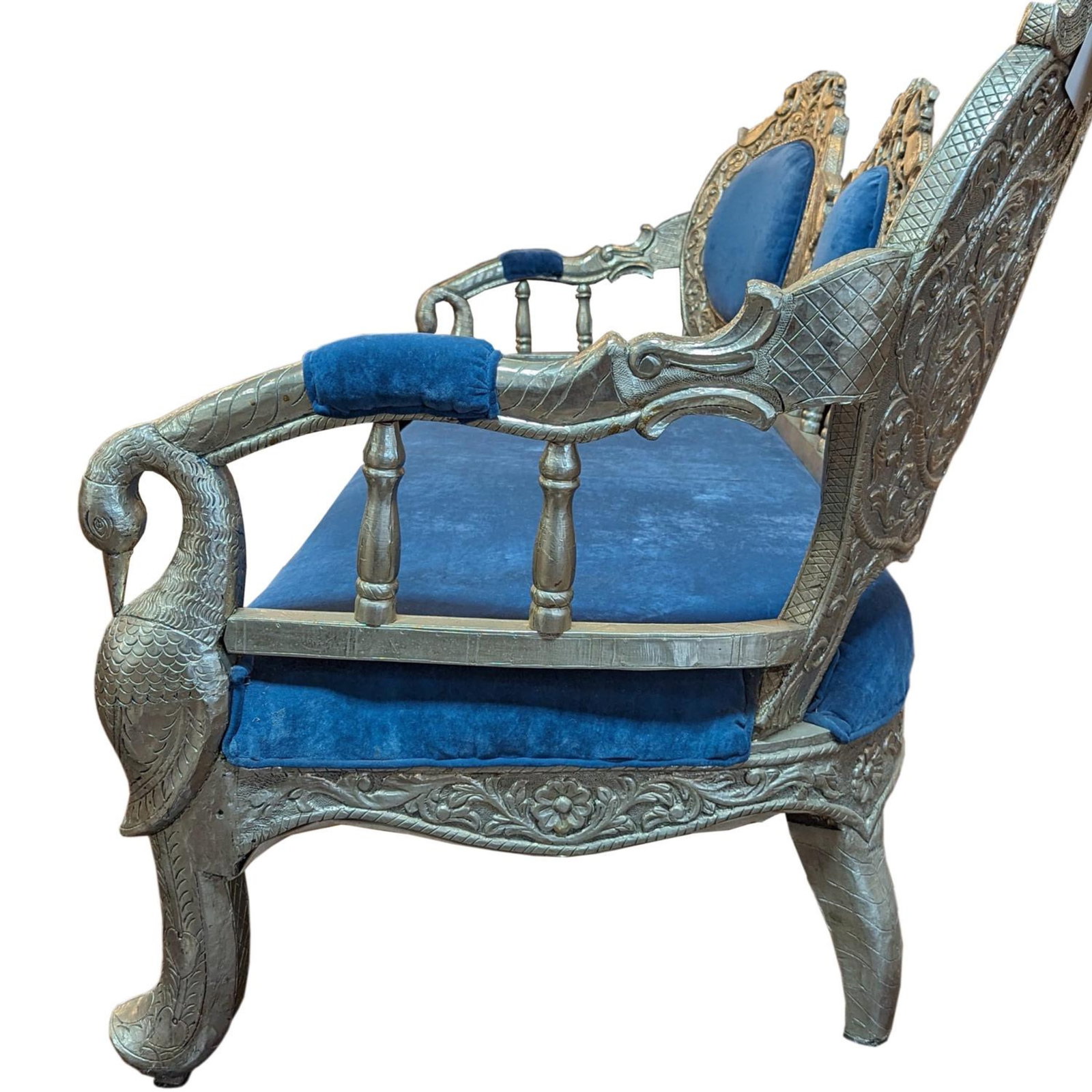 1970s Indian Ornate Silver Metal Clad Blue Velvet Maharaja Bench - 6