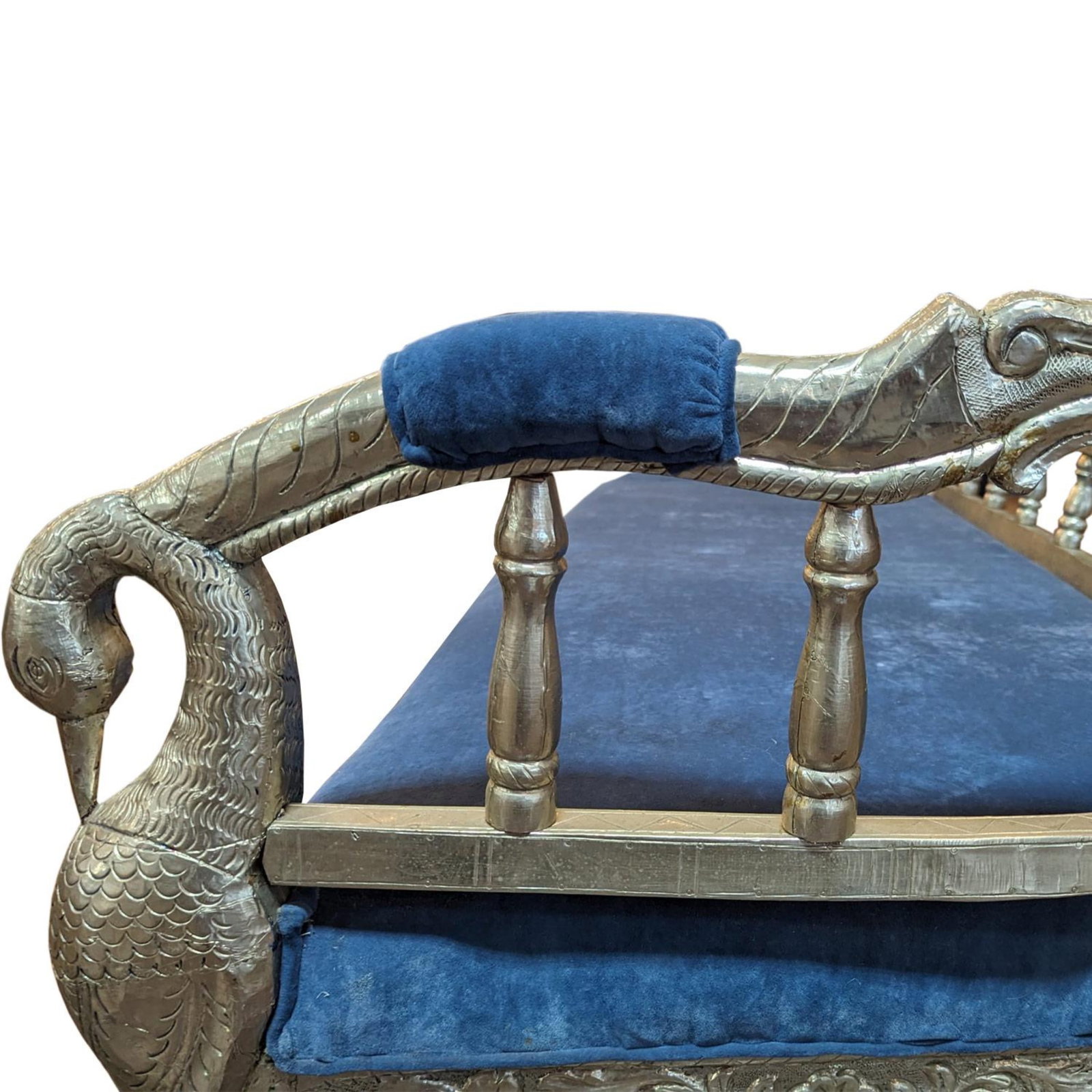 1970s Indian Ornate Silver Metal Clad Blue Velvet Maharaja Bench - 7