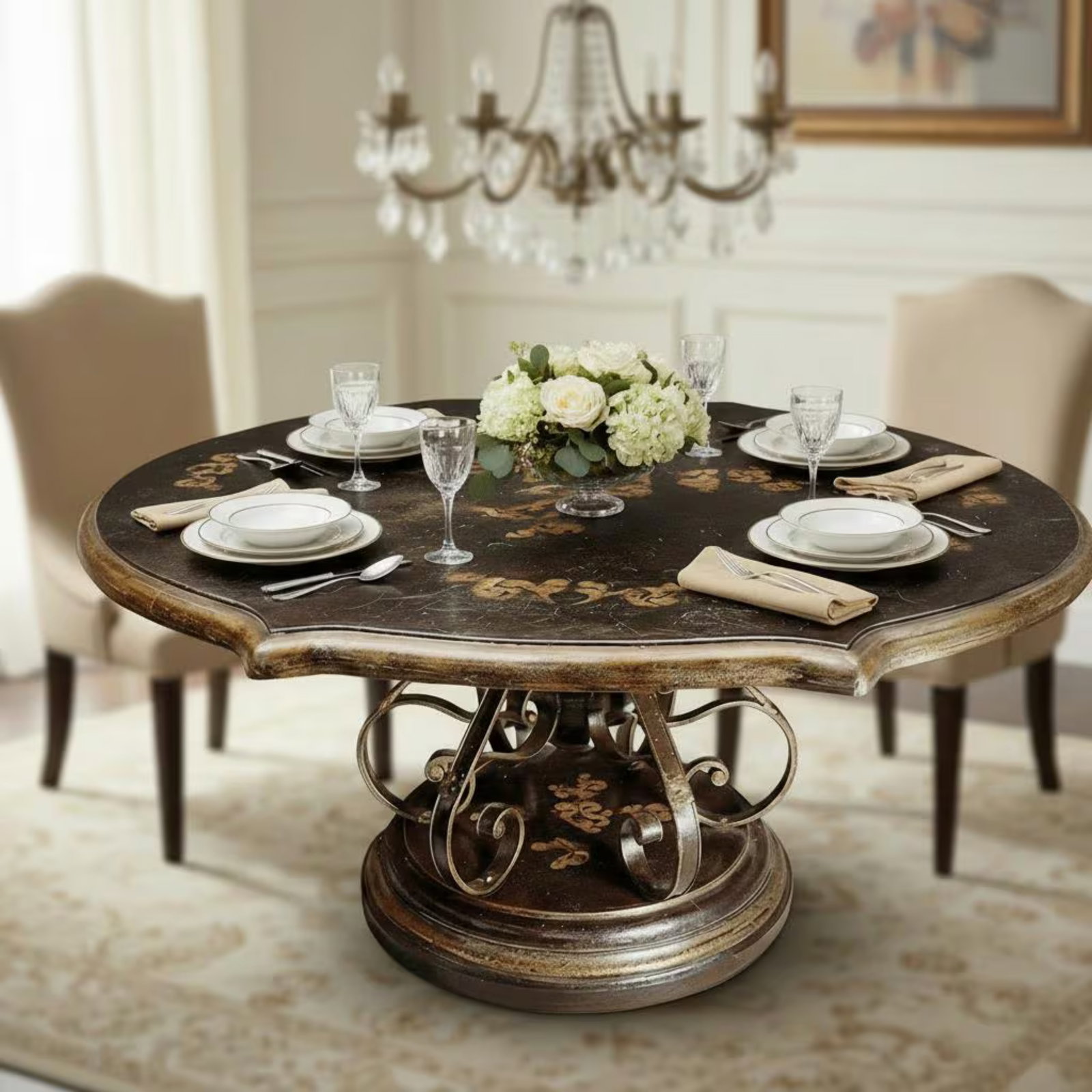 1960s Black & Gold Hand-Painted Iron & Wood Dining Table - 2