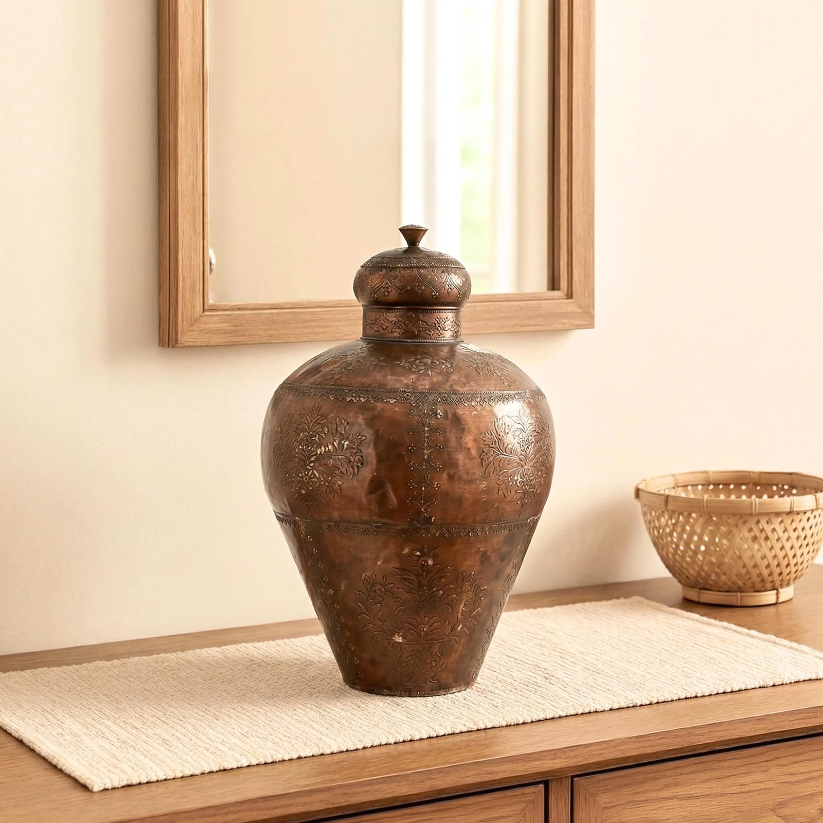 Large 35" Tall Handcrafted Antique Copper Vessel With Lid | Embossed Floral Metal Floor Vase | Rusti - 2