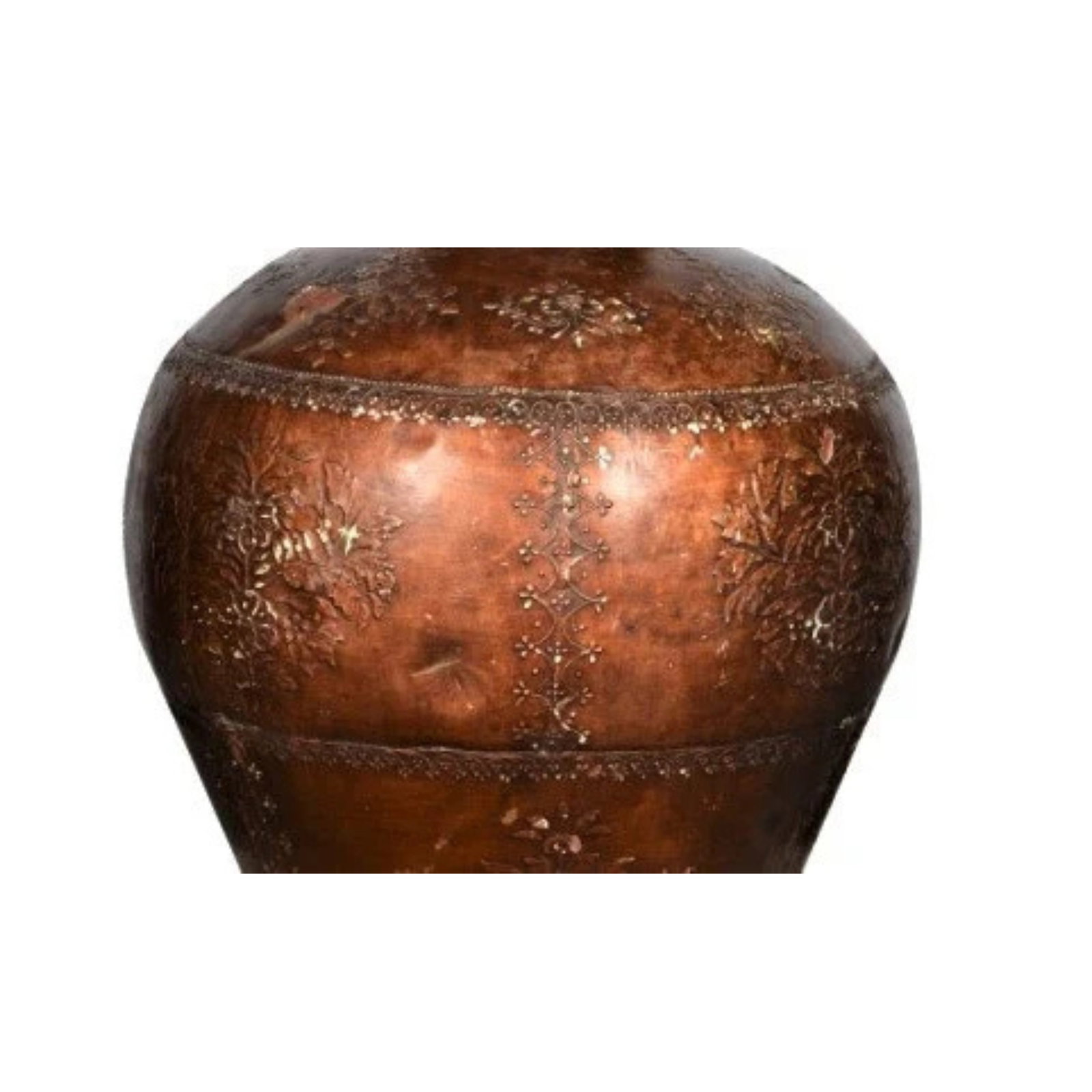 Large 35" Tall Handcrafted Antique Copper Vessel With Lid | Embossed Floral Metal Floor Vase | Rusti - 3